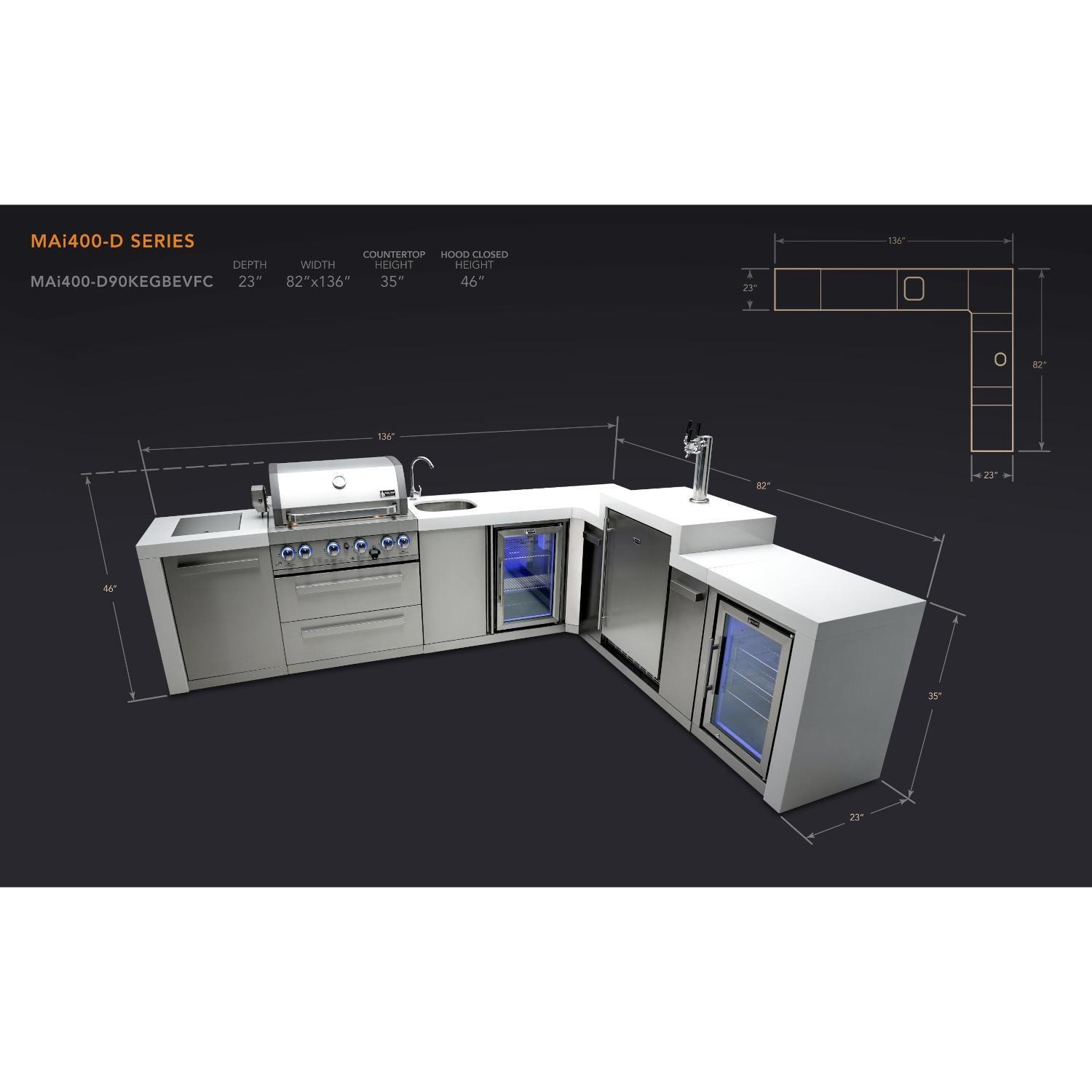 Mont Alpi 400 Deluxe Natural Gas Island w/ 90 Degree Corner, Kegerator, Beverage Center & Fridge Cabinet (Ships Propane w/ Conversion Kit) - Dimensions - Dimensional thumbnail