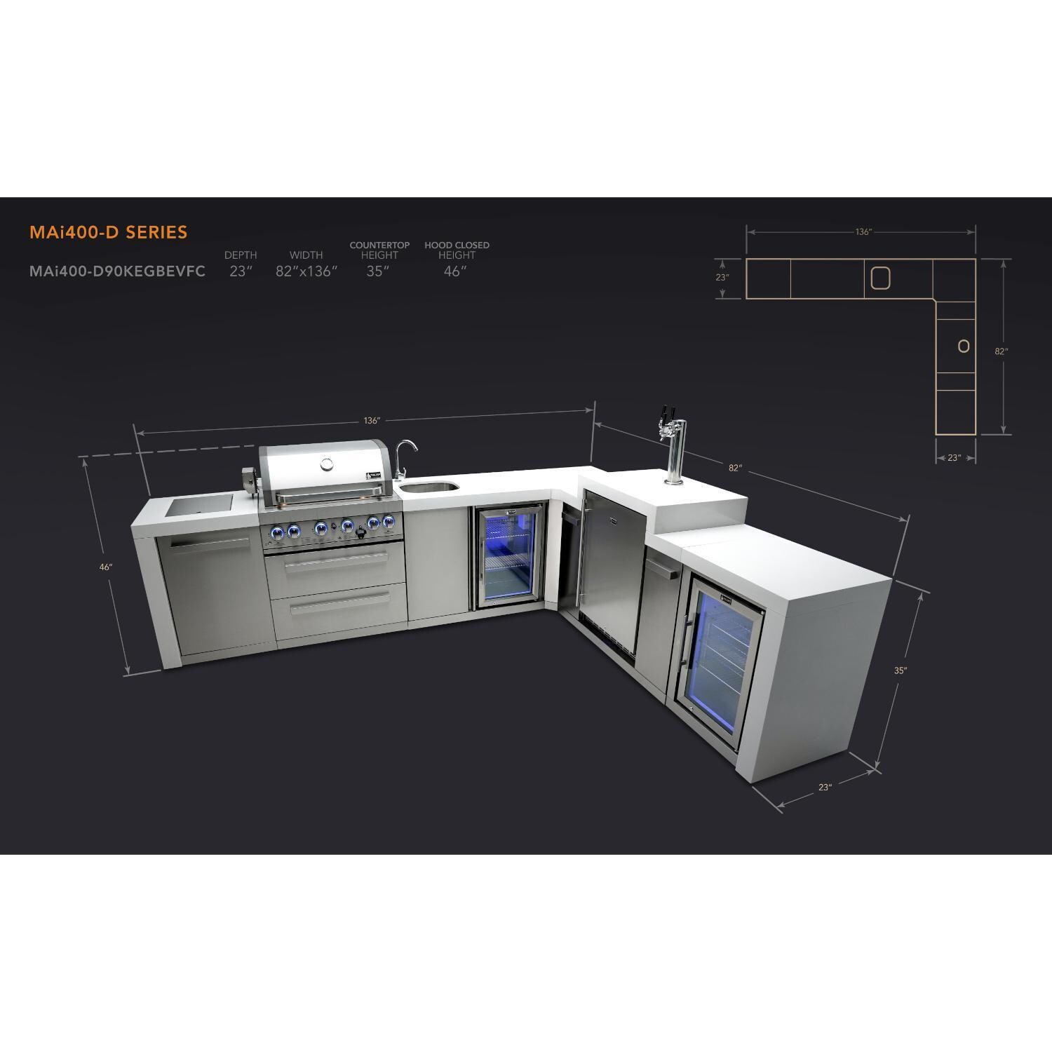 Mont Alpi 400 Deluxe Natural Gas Island w/ 90 Degree Corner, Kegerator, Beverage Center & Fridge Cabinet (Ships Propane w/ Conversion Kit) - Dimensions - Dimensional thumbnail
