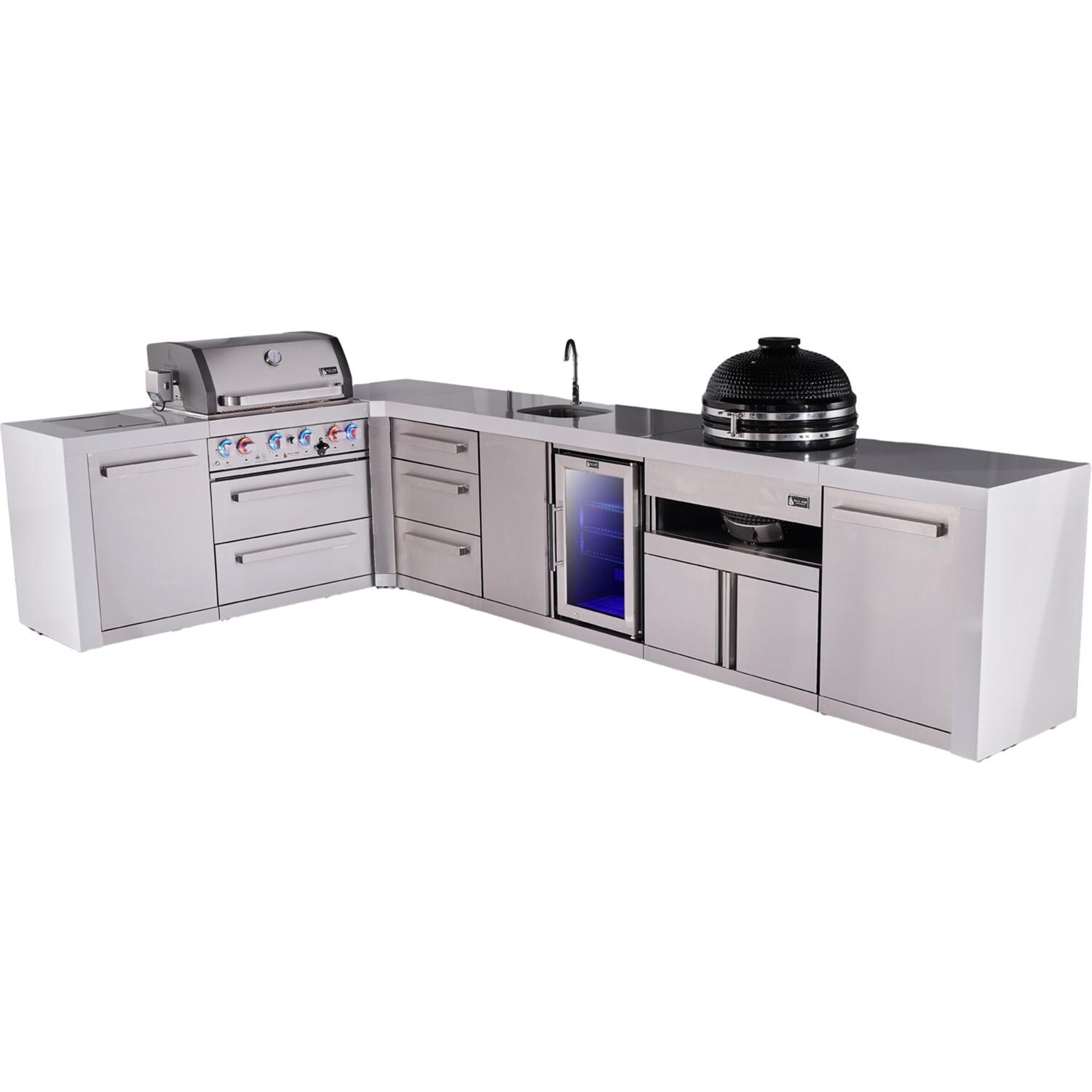 Mont Alpi Deluxe Series 12 Ft L-Shaped Natural Gas Outdoor Kitchen Island w/ 32-in Grill, Side Burner, Beverage Center, Kamado Module & Extra Door (Ships Propane w/ Conversion Kit) - Island - White Background thumbnail