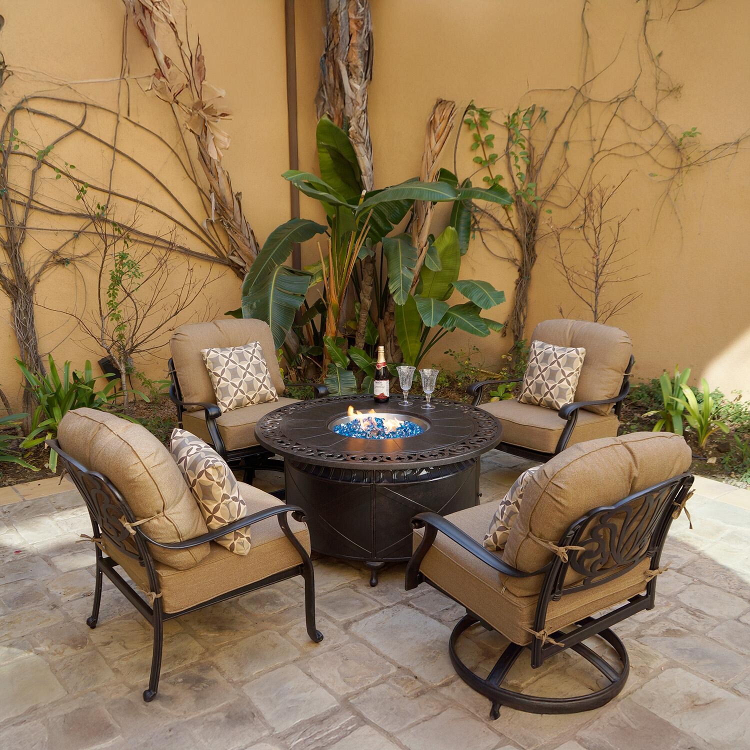 Elisabeth 5 Pc Cast Aluminum Seating Set w/ Fire Pit Table in Antique Bronze by Darlee - Lifestyle thumbnail