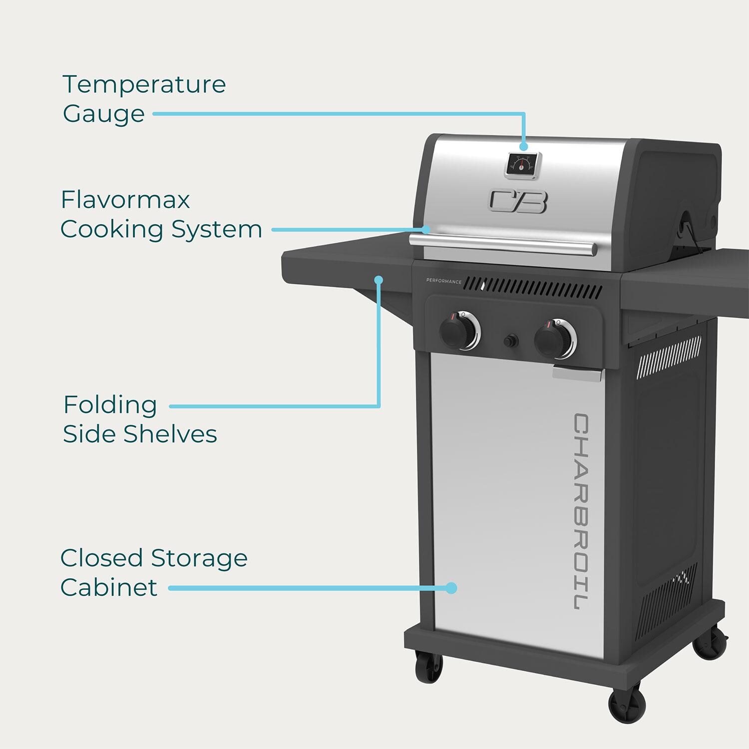 Charbroil 463663125 Performance Series 2 Burner Propane Grill Cabinet W/ Foldable Side Shelves, Grey & Stainless Steel - Key Features - Detail thumbnail