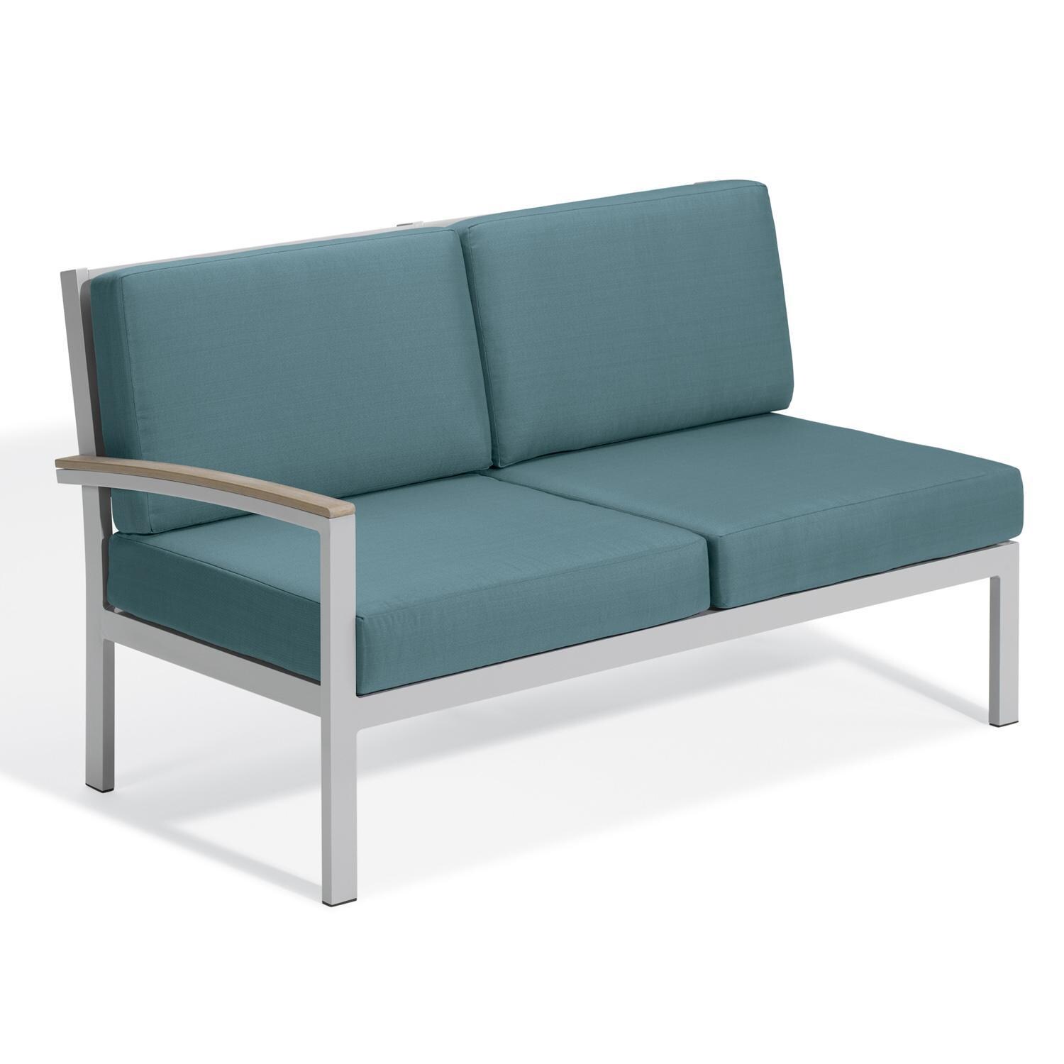 Oxford Garden Travira 2 Person Aluminum Modular Right Loveseat W/ Vintage Tekwood Arm Caps in Flint/Ice Blue thumbnail