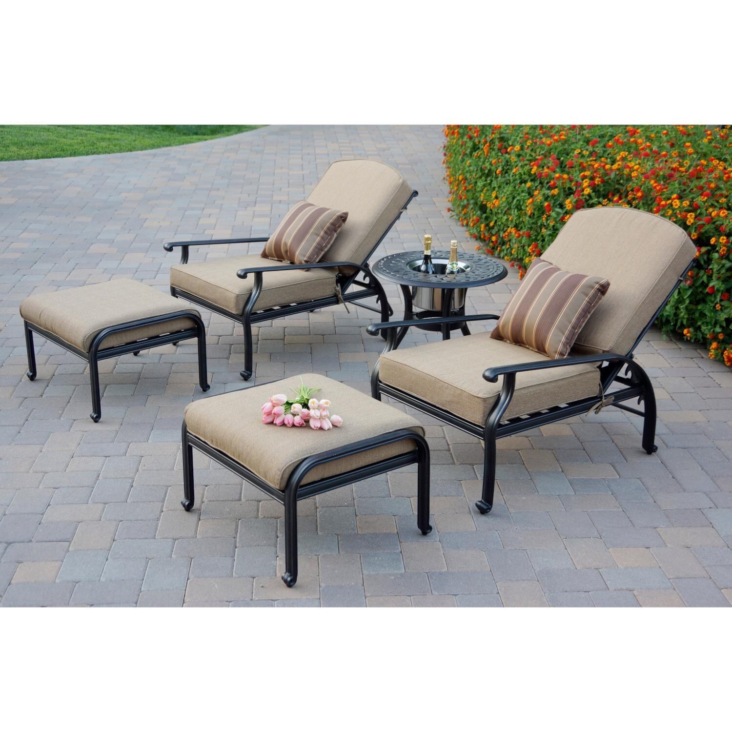 Darlee DL606-5PC-60RQP Nassau 5 Piece Cast Aluminum Patio Conversation Set W/ Ice Bucket Insert & Beige Canvas Cushions - Lifestyle thumbnail