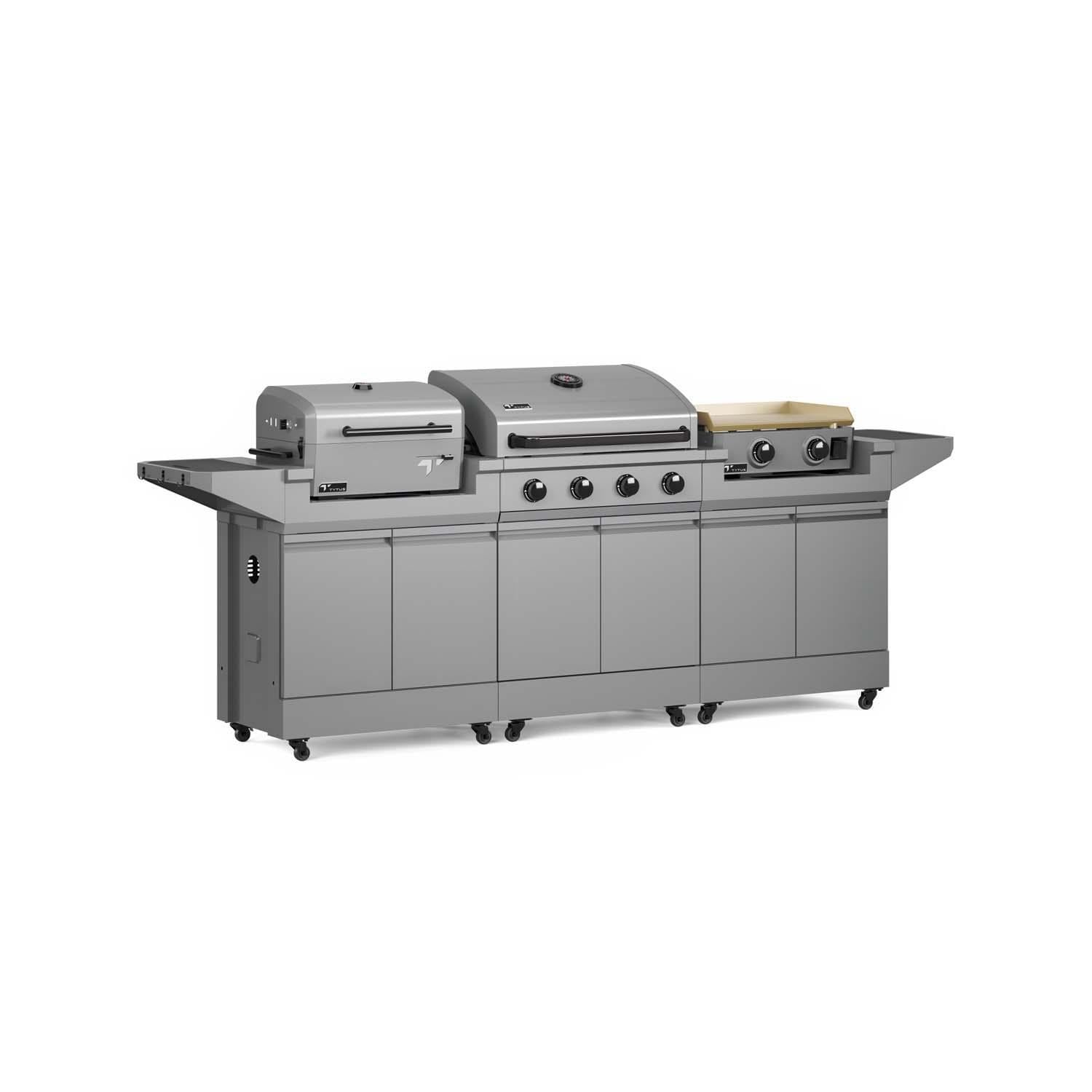 TYTUS TDT-BUN-010 Modular Trio w/ 32 Inch Propane Gas Grill, Charcoal Grill & Propane Gas Griddle - Right Angled - White Background thumbnail