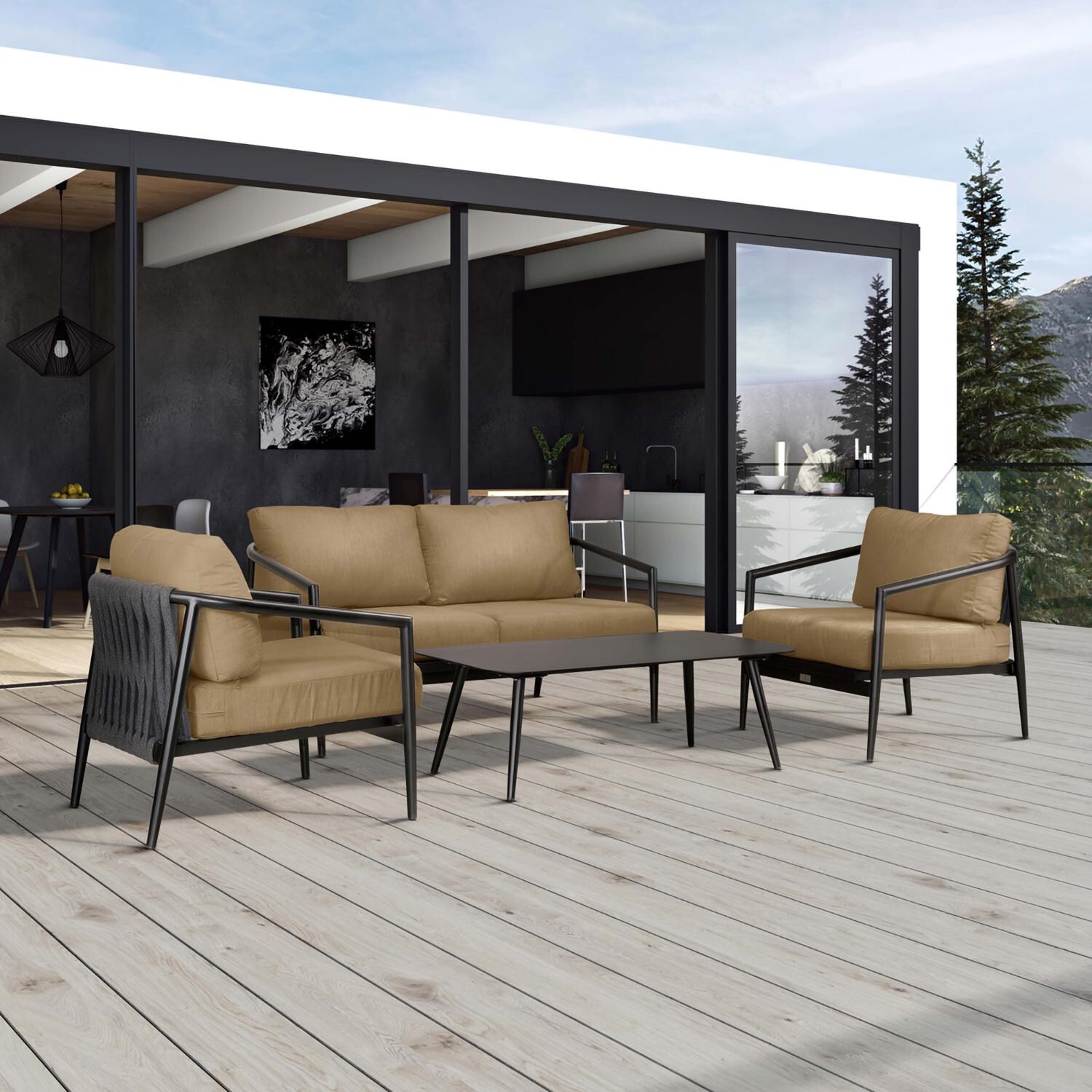 Lakeview Midnight Cove 4 Pc Aluminum Loveseat Seating Set in Black/Carbon/Heather Beige - Detail - Lifestyle thumbnail