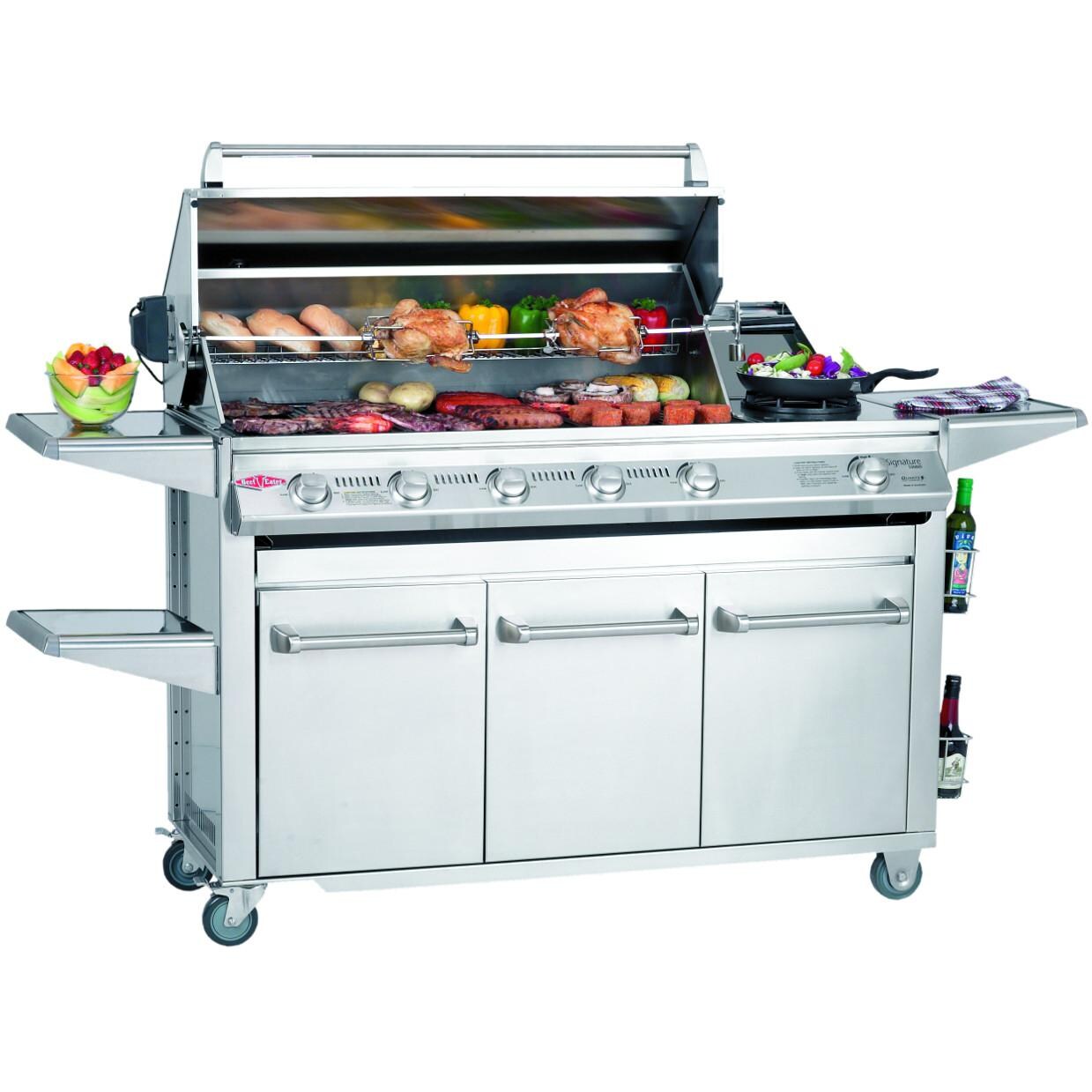 BeefEater Signature SL 4000S Stainless Steel 5 1 Burner Propane Gas Grill On Cabinet Trolley Cart W/Shelves - 30060