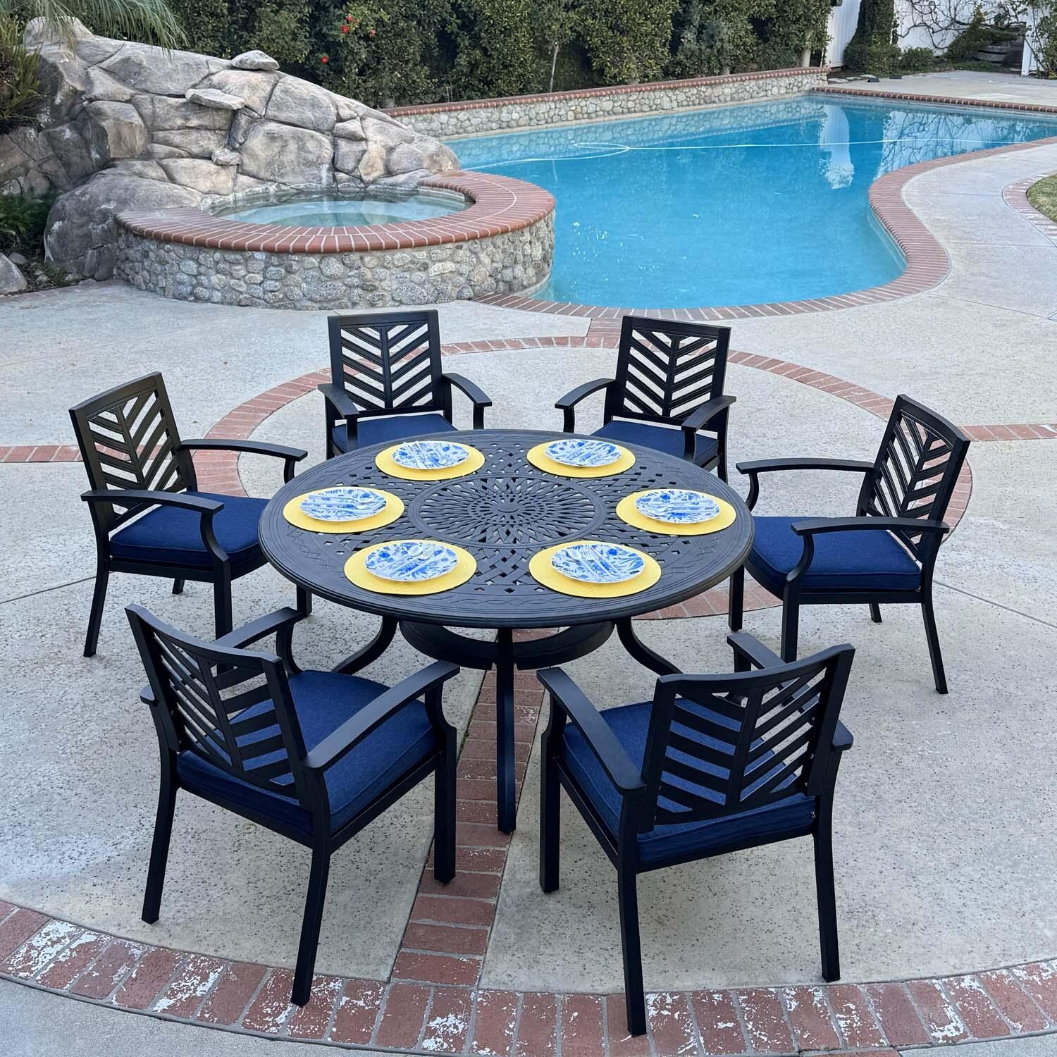 Palm Springs 7 Pc Aluminum Dining Set w/ Round Dining Table in Antique Bronze/Navy by Darlee - Lifestyle thumbnail
