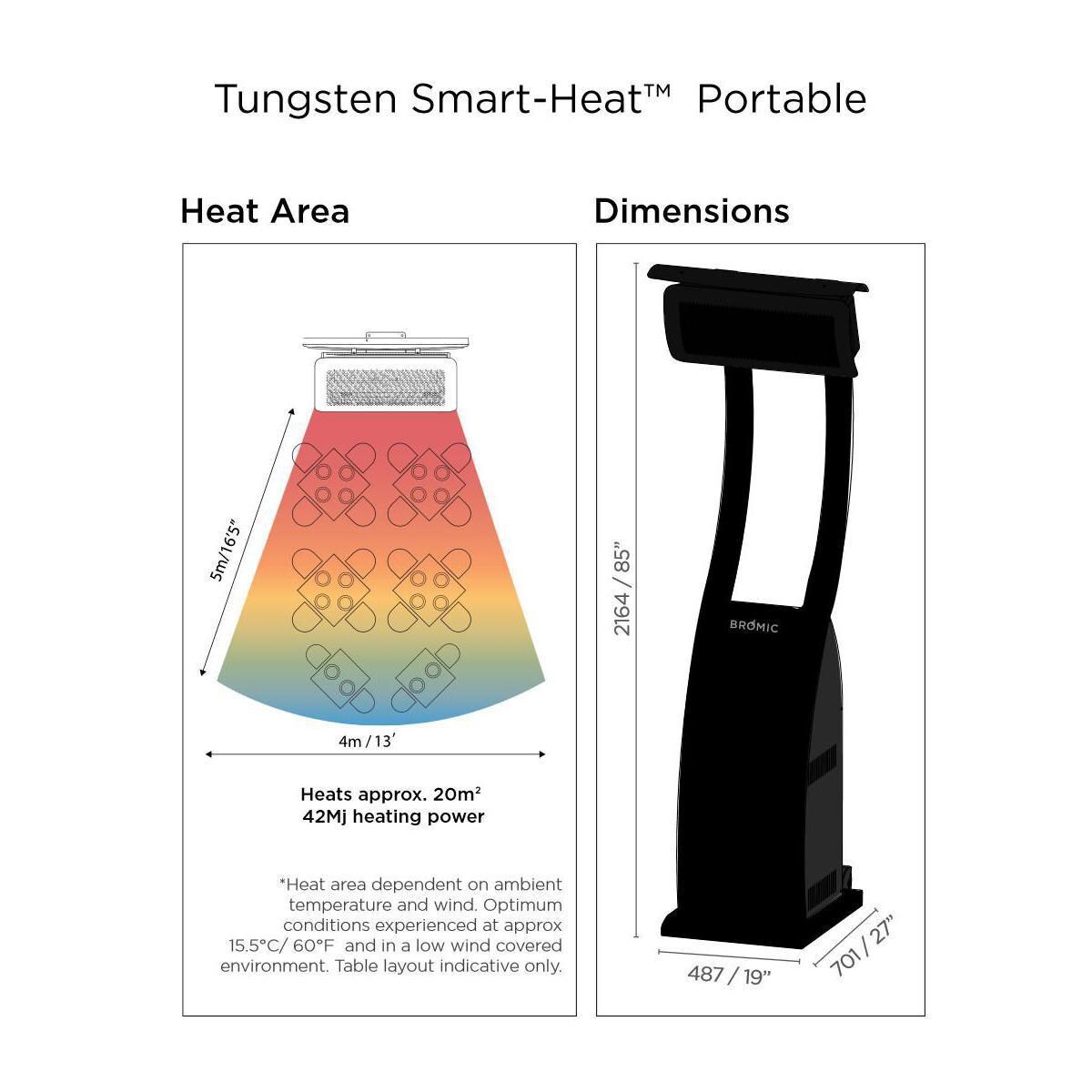 Bromic Heating BH0510005 Tungsten Smart-Heat 38,500 BTU Natural Gas Freestanding Portable Patio Heater - Heat Area And Dimensions thumbnail