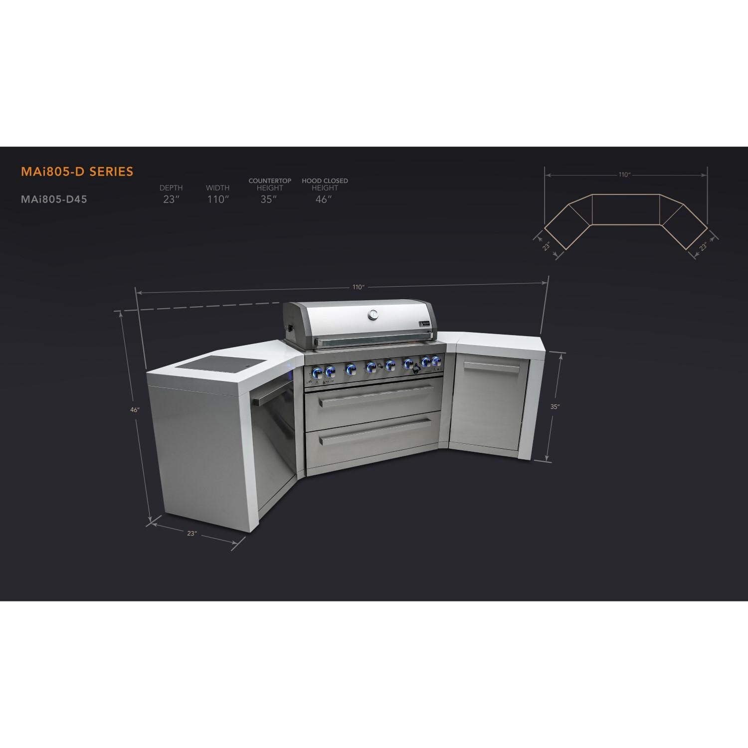 Mont Alpi - MAi805-D45 - Deluxe 45 Degree Propane Gas Island Grill W/ Infrared Side Burner & Rotisserie Kit - Dimensions thumbnail