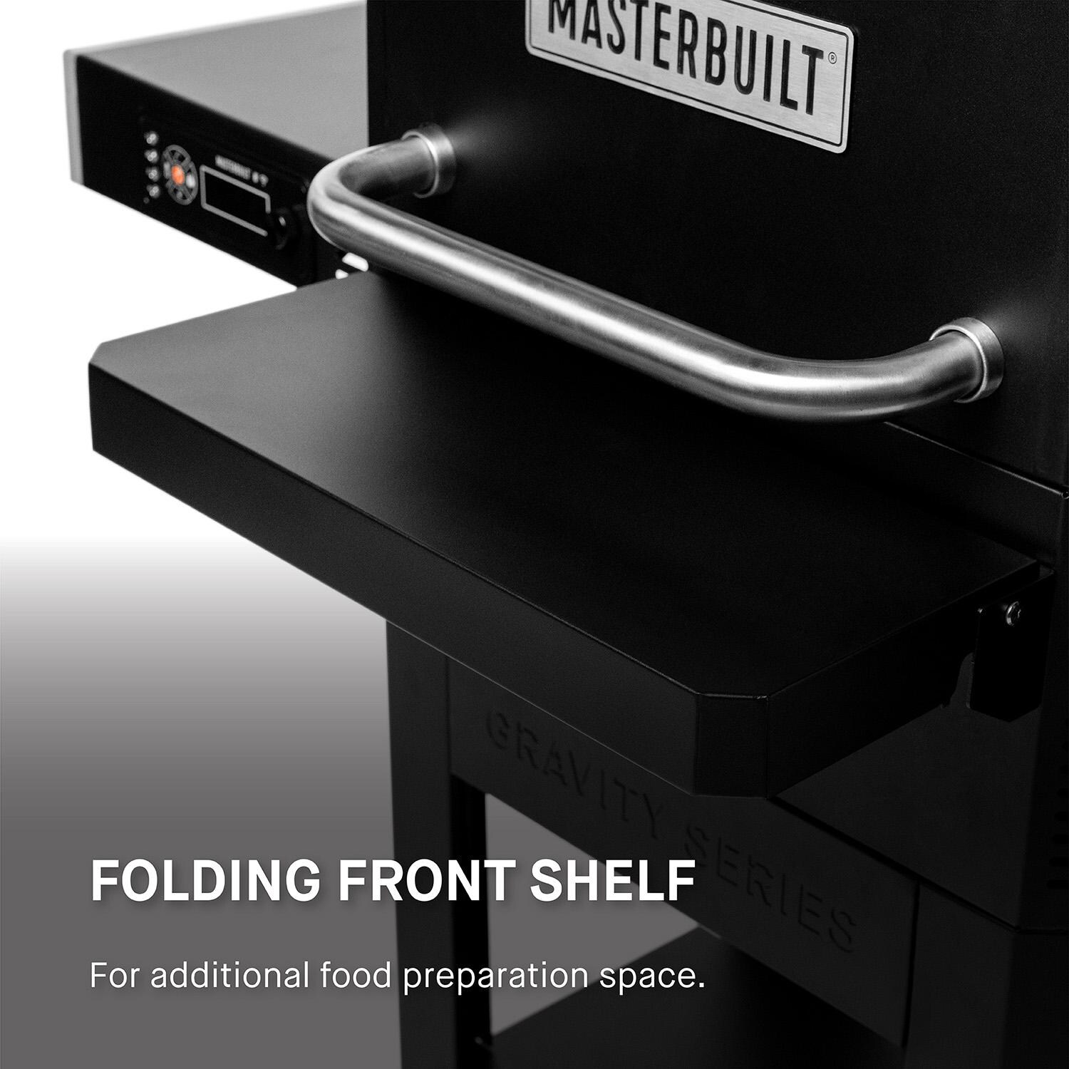 Masterbuilt MB20041023 Gravity Series 600 Digital Charcoal Grill + Smoker - Front Shelf - Detail