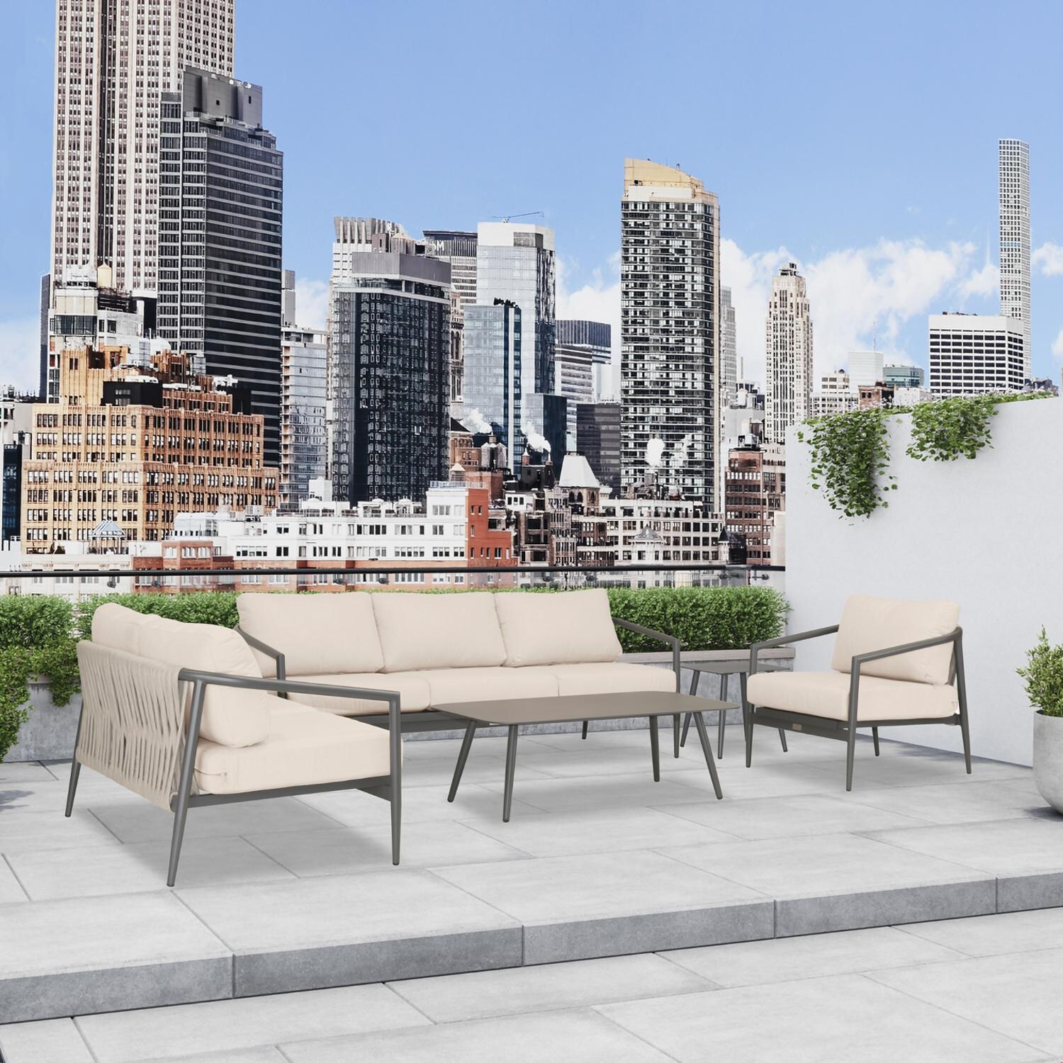 Lakeview Midnight Cove 5 Pc Aluminum Sofa Seating Set in Slate/Pebble Gray/Canvas Flax - Detail - Lifestyle thumbnail