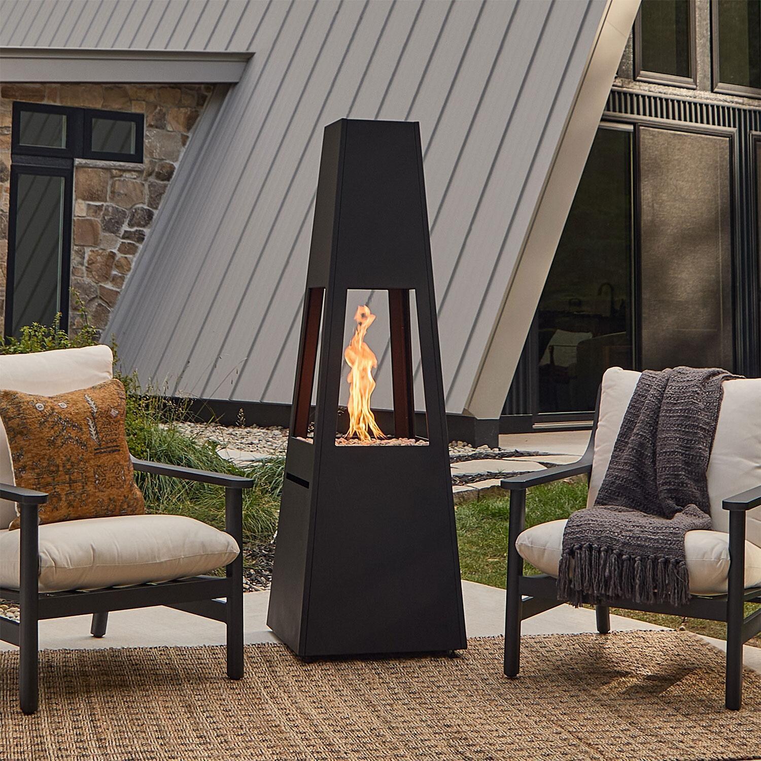 Metal Chiminea 70 Inch Square Propane Fire Column w/ Hidden Propane Tank in Black by Lakeview Outdoor Designs