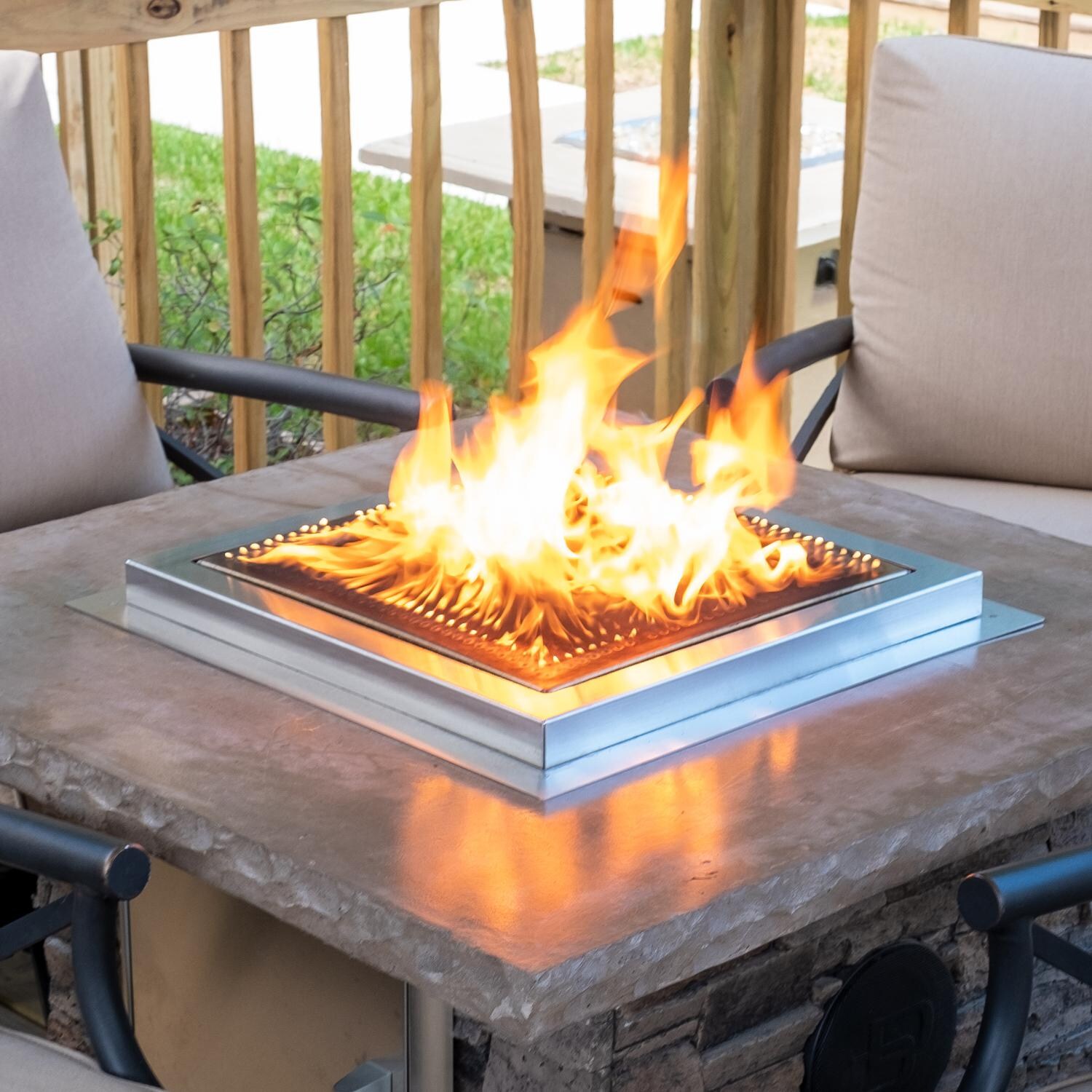 Blazing Beats 5 Piece Aluminum Patio Fire Table Conversation Set W/ Laguna Stacked Stone Fire Table - Table Top View thumbnail