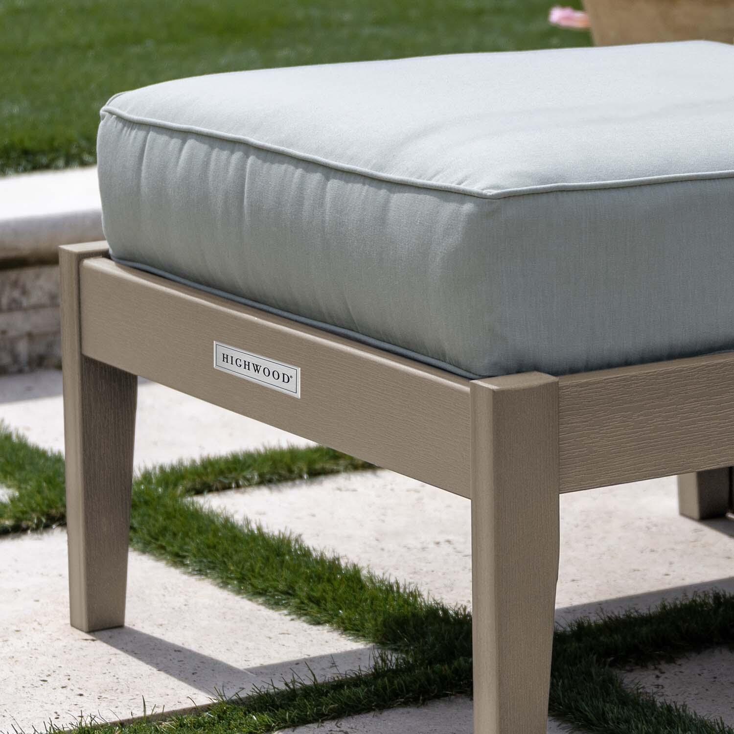 Blushing Bay Recycled Plastic Ottoman in Canvas Seasalt/Woodland Brown by Lakeview Outdoor Designs - Close Up - Lifestyle thumbnail