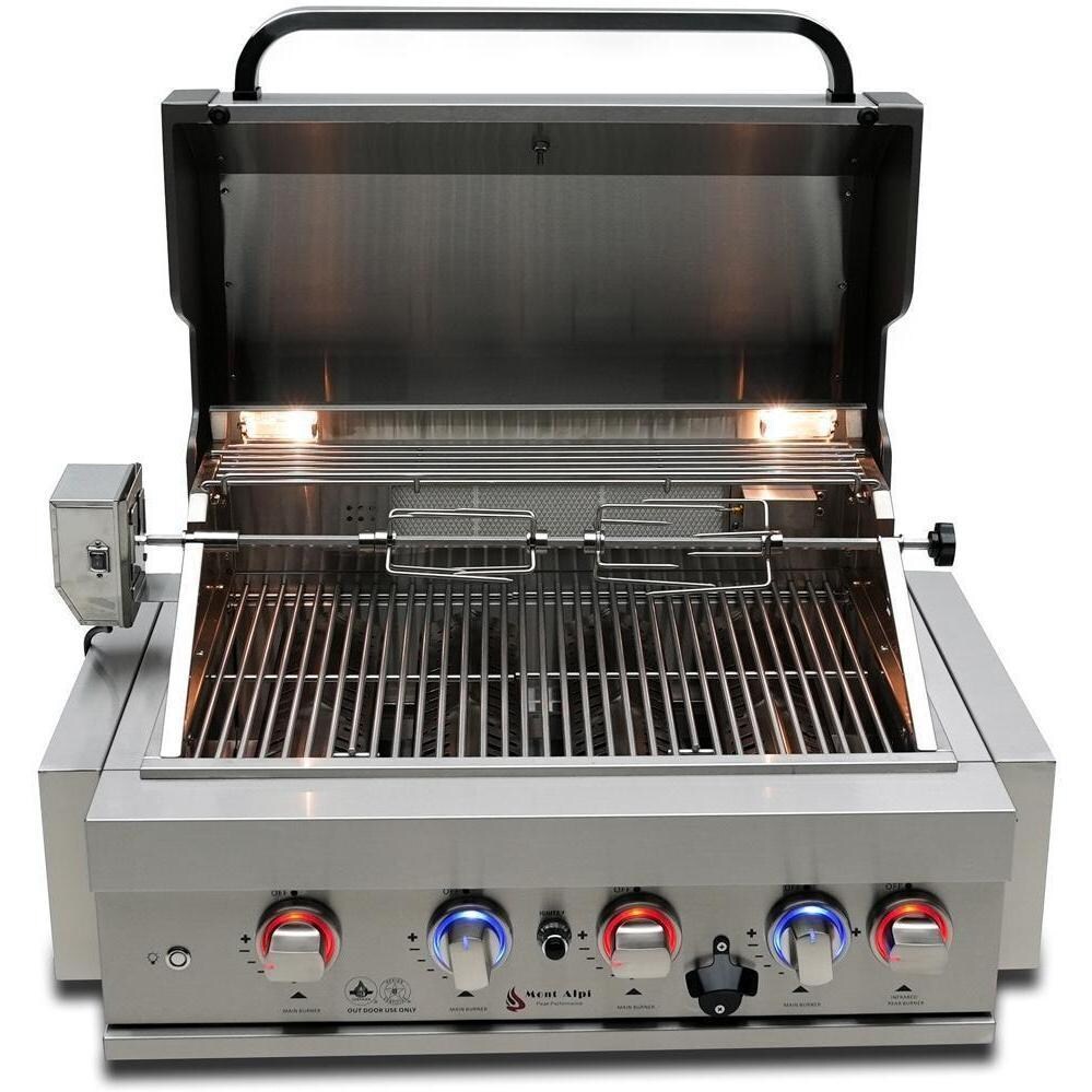 Mont Alpi MA400-AW 4-Burner Stainless Steel Art-Wood Natural Gas Island Grill - Grill Head Lid Open - White Background thumbnail