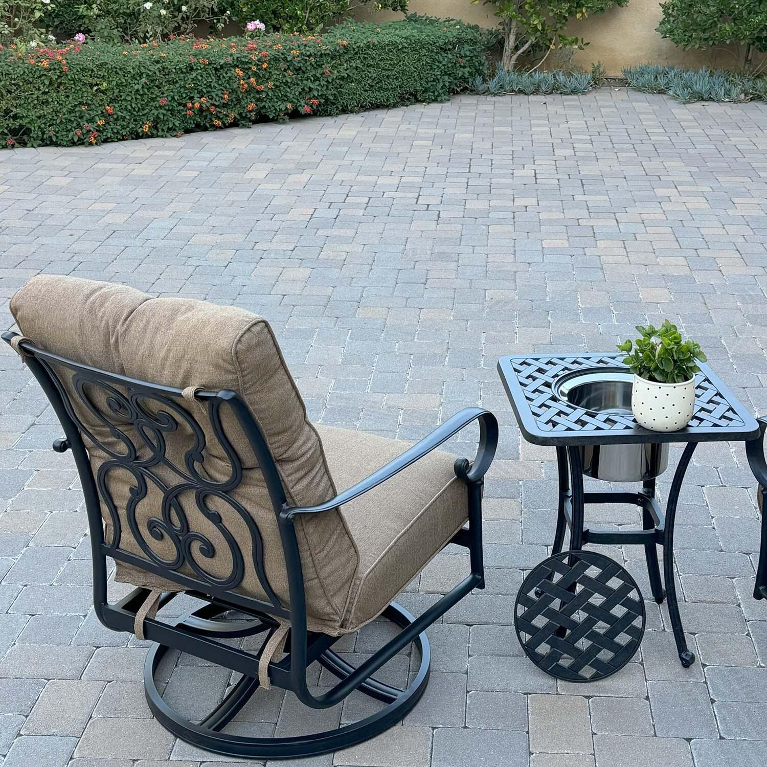 Santa Anita 3 Pc Cast Aluminum Bistro Set w/ Swivel Rockers in Antique Bronze/Heather Beige by Darlee - Detail thumbnail