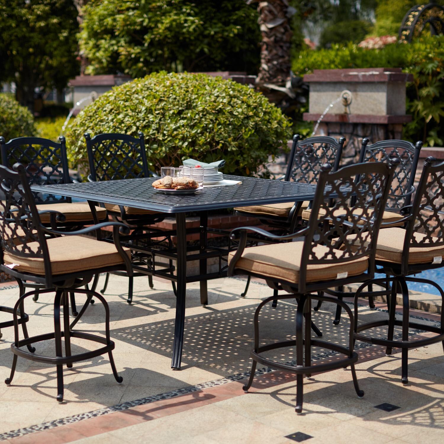Darlee Madison 9 Piece Cast Aluminum Patio Counter Height Bar Set W/ 60 Inch Square Table