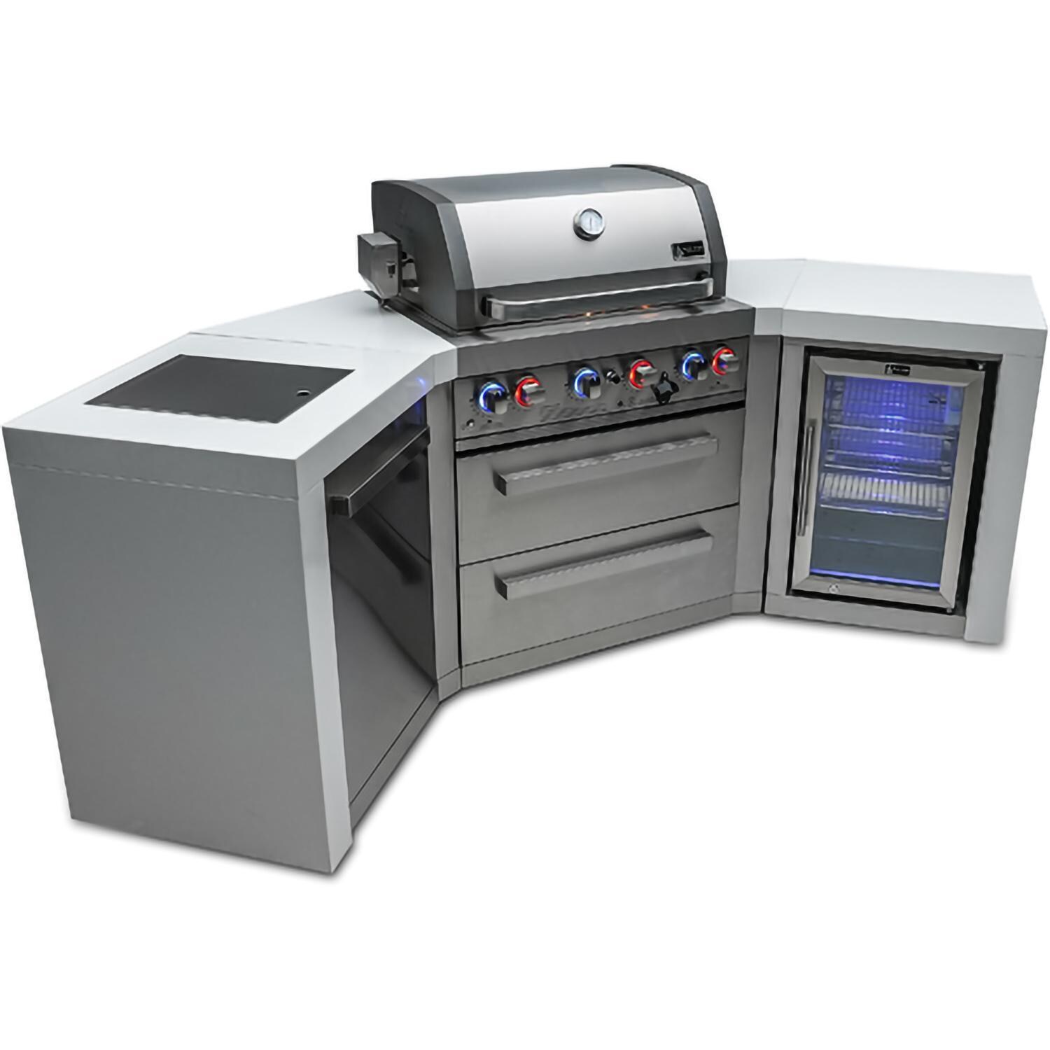 Mont Alpi - MAi400-D45FC - Deluxe 45 Degree Grill Island - Stainless Steel - Closed With Burners On Angled Left - White Background thumbnail