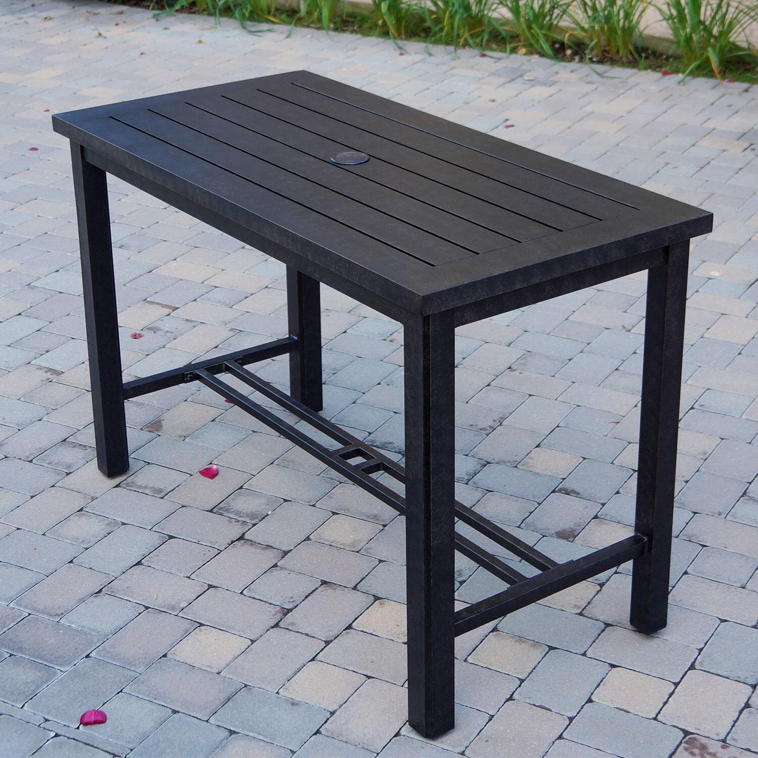 Brooklyn 5 Pc Patio Counter Height Bar Set W/ 58 X 28 Inch Rectangular Serving Table & Sesame Cushions By Darlee - Dining Table - Side View - Lifestyle thumbnail