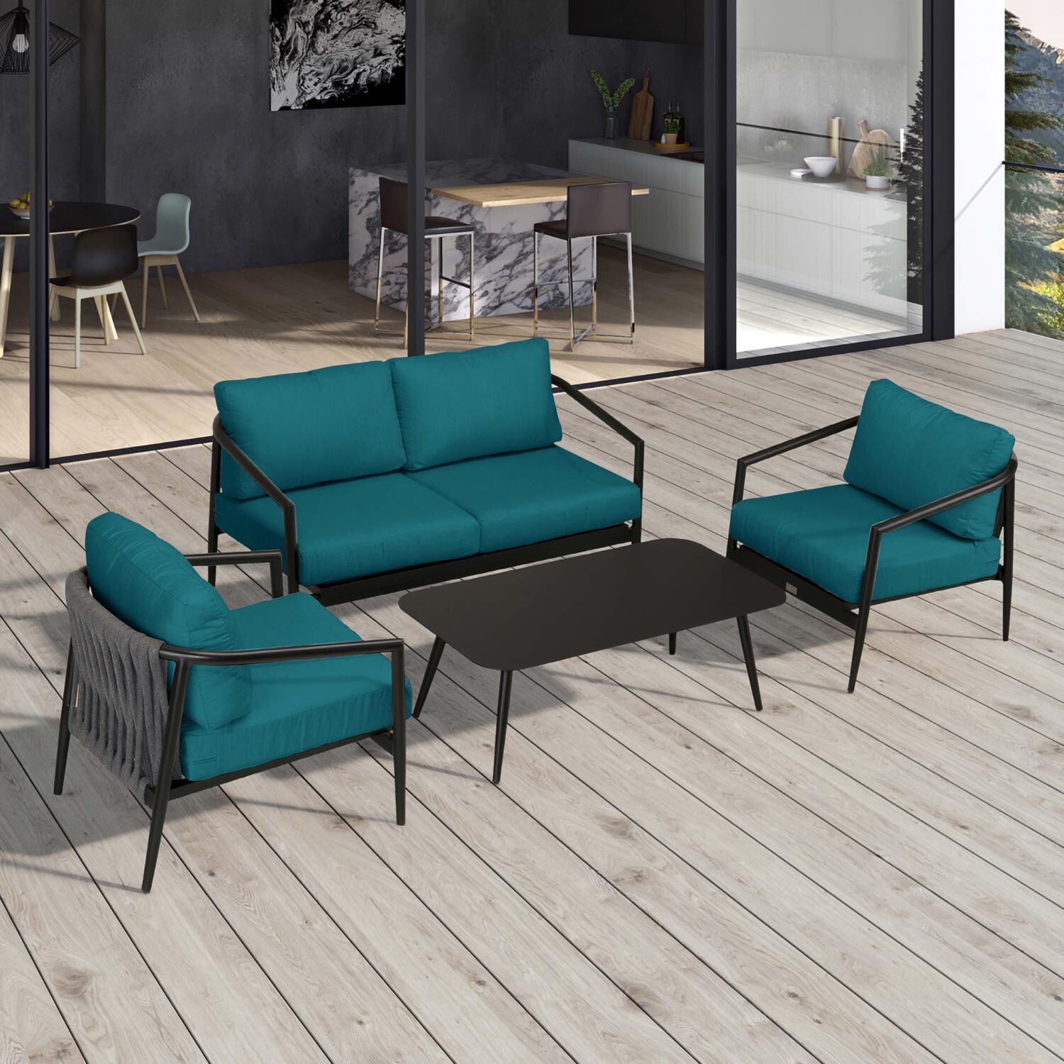 Lakeview Midnight Cove 4 Pc Aluminum Loveseat Seating Set in Black/Carbon/Spectrum Peacock - Top - Lifestyle thumbnail