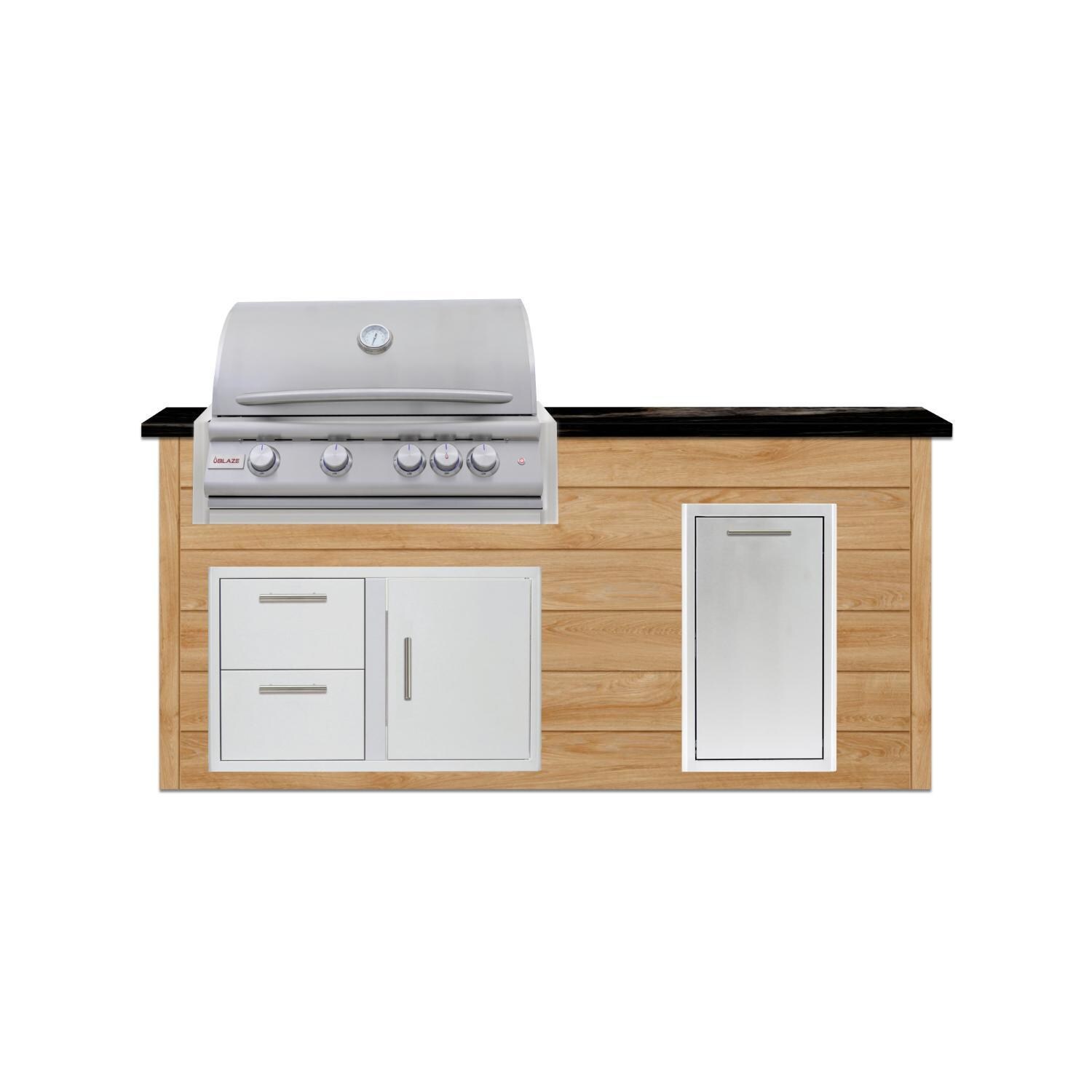 BBQGuys Signature 6 Ft Outdoor Kitchen Island w/ 32 Inch Natural Gas Blaze LTE+ Grill & Narrow Trash Bin | Sun Bleached Oak w/ Nero Mist Granite