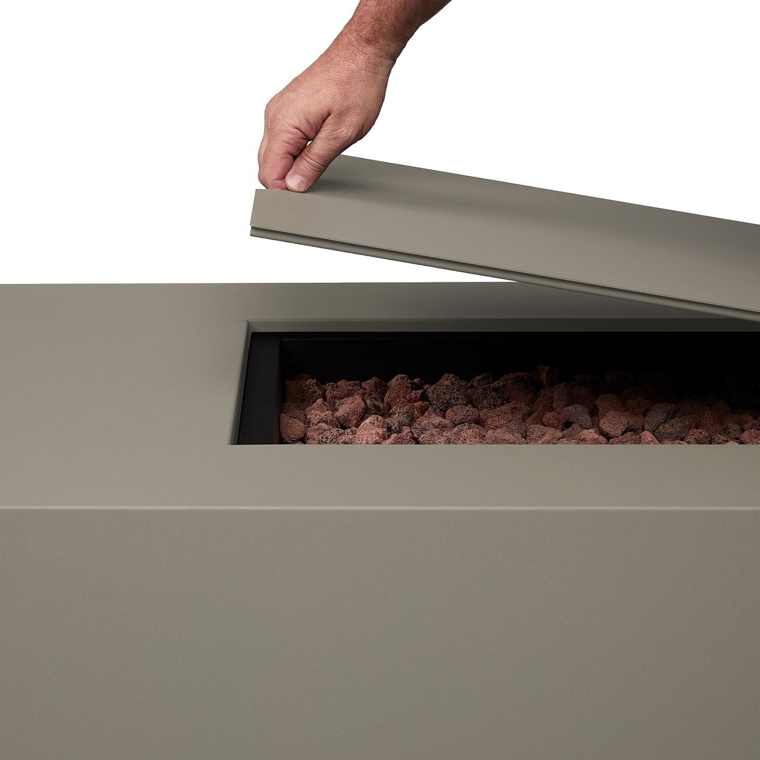 Elysian 75-in Rectangular Steel Propane Fire Pit Table in Mist Gray by Lakeview - Lifting Lid - Detail thumbnail