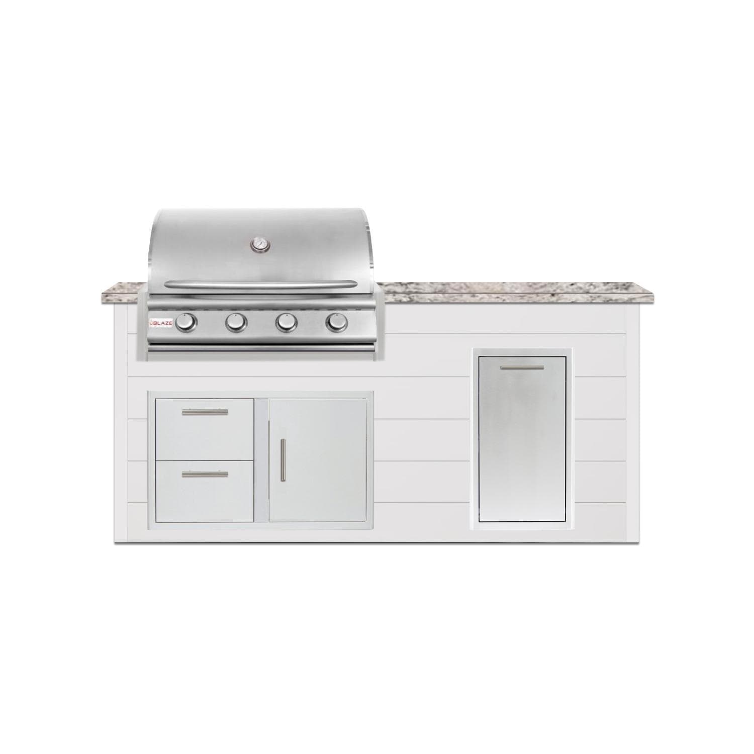 BBQGuys Signature 6 Ft Outdoor Kitchen Island w/ 32 Inch Natural Gas Blaze LBM Grill & Narrow Trash Bin | Crystal White w/ White Granite