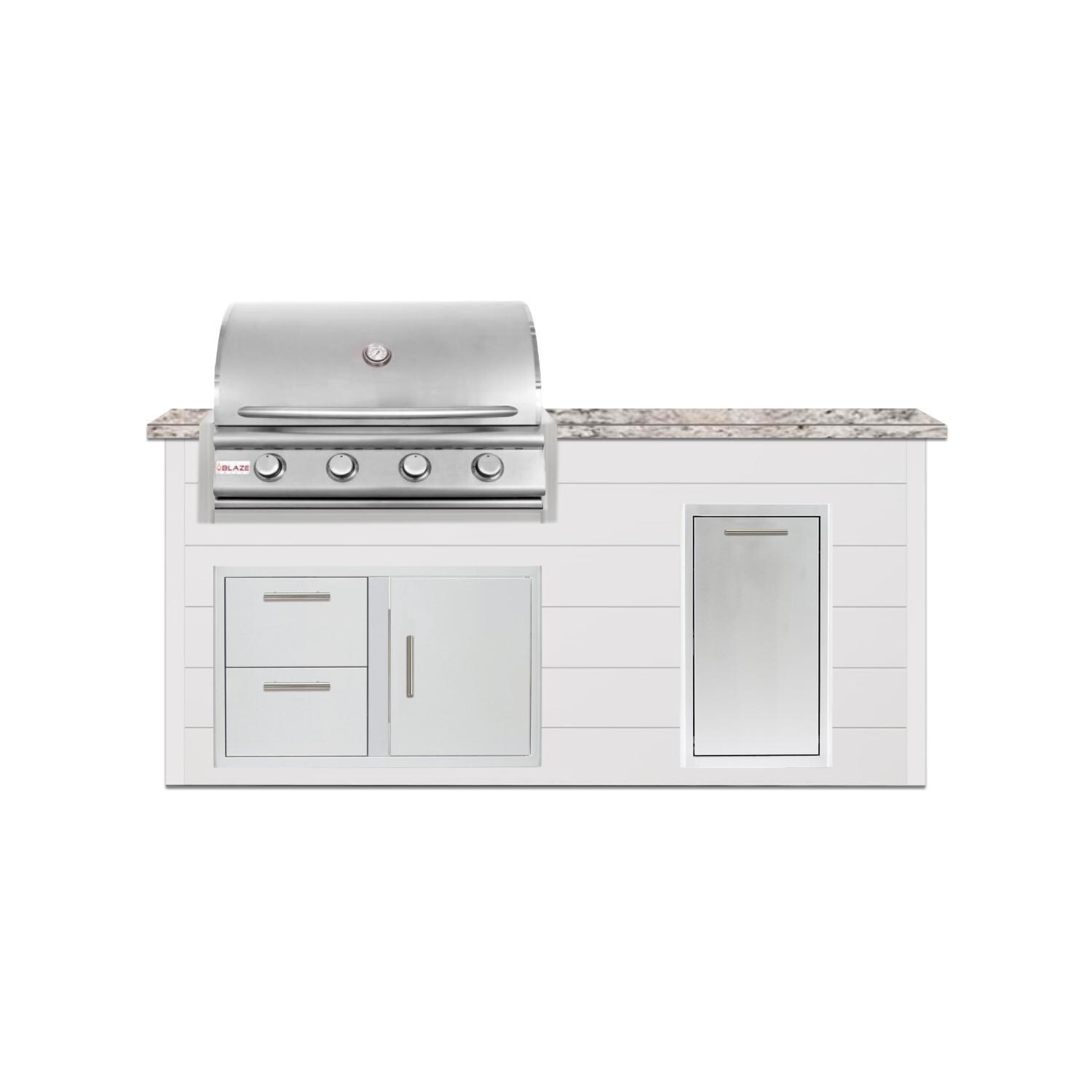 BBQGuys Signature 6 Ft Outdoor Kitchen Island w/ 32 Inch Natural Gas Blaze LBM Grill & Narrow Trash Bin | Crystal White w/ White Granite
