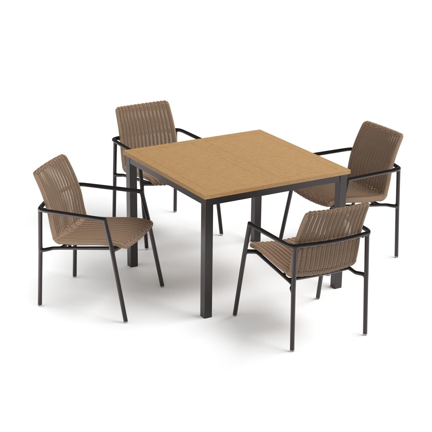 Oxford Garden Orso 5 Pc Wicker & Aluminum Arm Chair Dining Set W/ Natural Tekwood Table Top in Carbon/Sand - Top View thumbnail