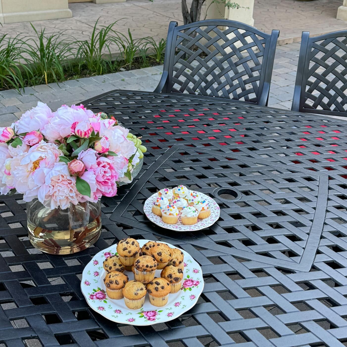 Darlee B/DL13-9PCAR-30W-R Nassau 9 Pc Cast Aluminum Dining Set in Antique Bronze w/ Red Cushions - Table w/ Flowers - Lifestyle thumbnail