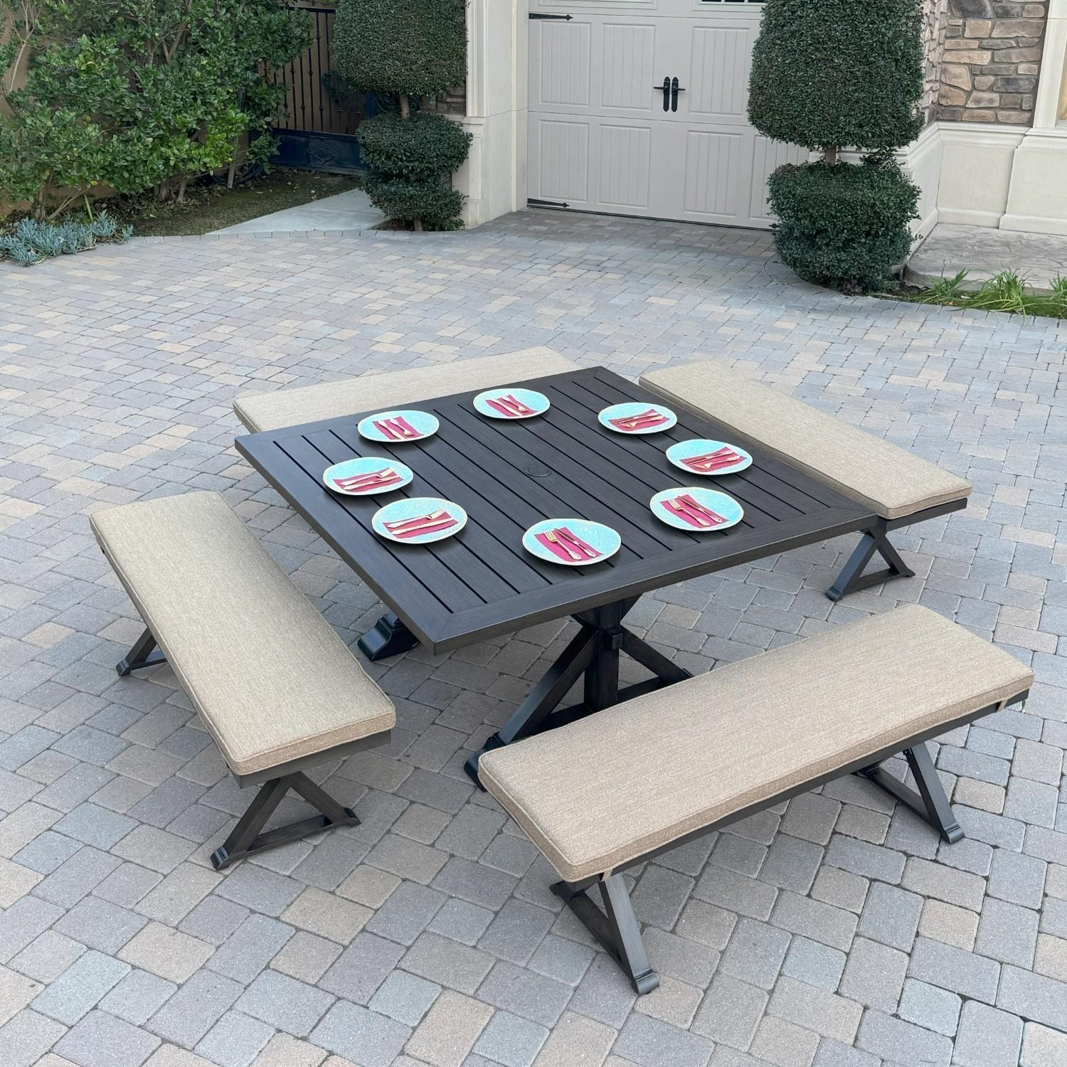 Brooklyn 5 Pc Aluminum Dining Set w/ 59 Inch Square Table in Multi Brown by Darlee