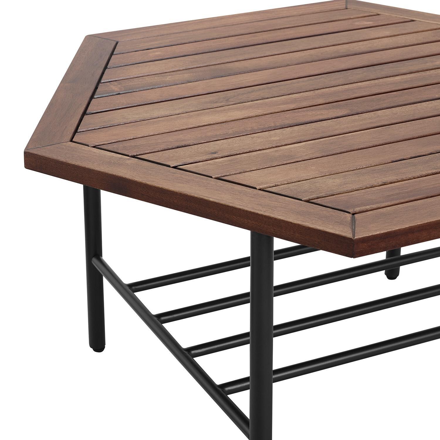 Ultimate Patio Land Bay 35 X 30 Inch Hexagonal Acacia & Steel Patio Coffee Table - Dark Brown - Table Top Detail thumbnail