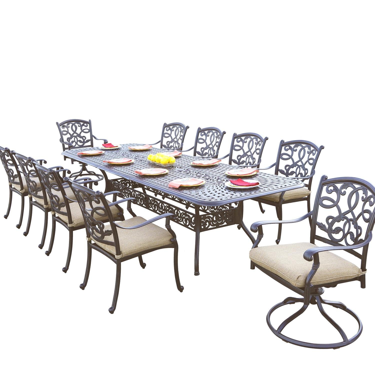 Darlee Santa Monica 11 Pc Cast Aluminum Dining Set w/ 92 X 42 Inch Series 60 Extension Table & 2 Swivel Rockers in Antique Bronze/Beige Canvas by