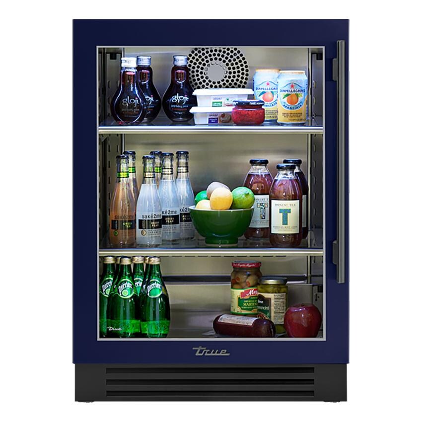 True TUR-24-L-OG-C~DSK-078-H05 24 Inch 5.6 Cu. Ft. Left Hinge Glass Door Outdoor Refrigerator in Cobalt w/ Pewter Handles - White Background thumbnail