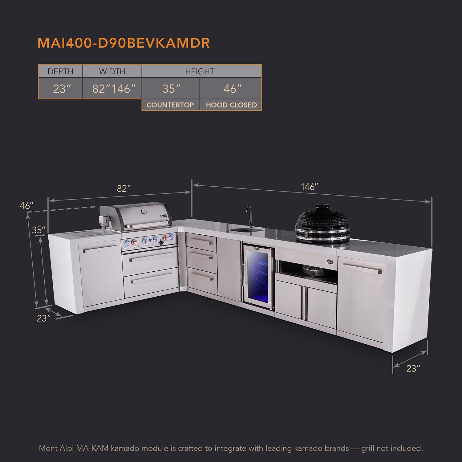 Mont Alpi Deluxe Series 12 Ft L-Shaped Natural Gas Outdoor Kitchen Island w/ 32-in Grill, Side Burner, Beverage Center, Kamado Module & Extra Door (Ships Propane w/ Conversion Kit) - Dimensions - Dimensional thumbnail