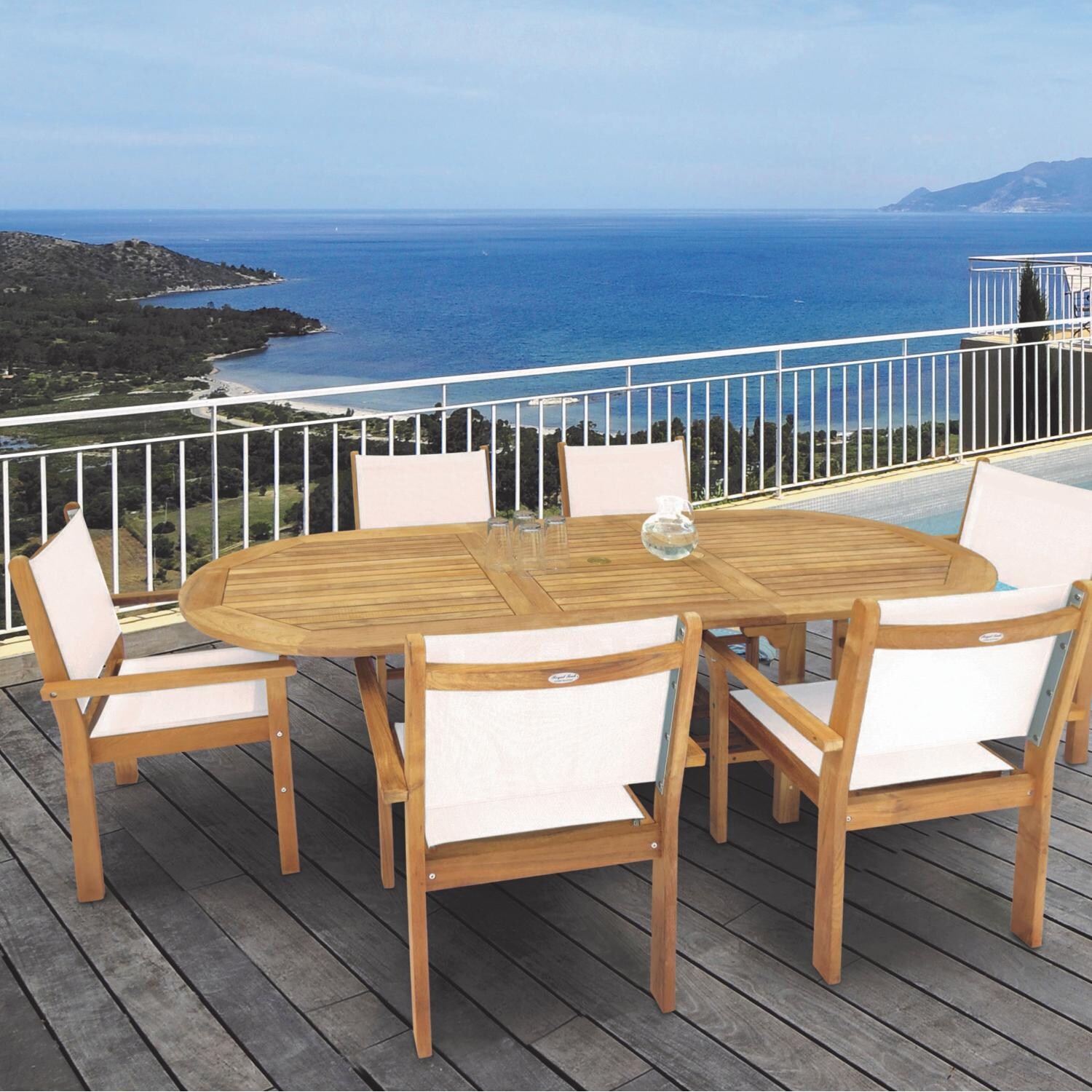 Royal Teak Collection 7 Piece Captiva Teak Patio Dining Set With 72 X 39 Inch Oval Extension Table - White Sling thumbnail