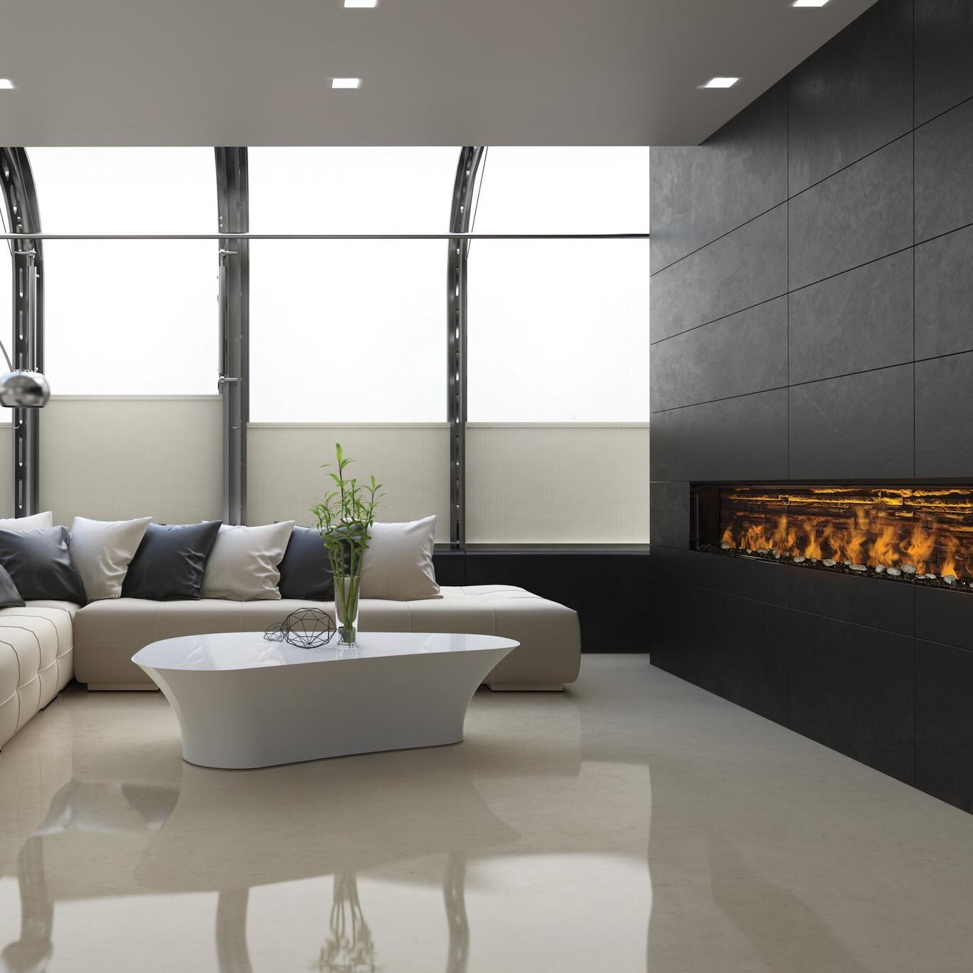 FusionFire Electric Steam Fireplace with Black Ledgestone Back Panel and River Stone Set - In Home thumbnail