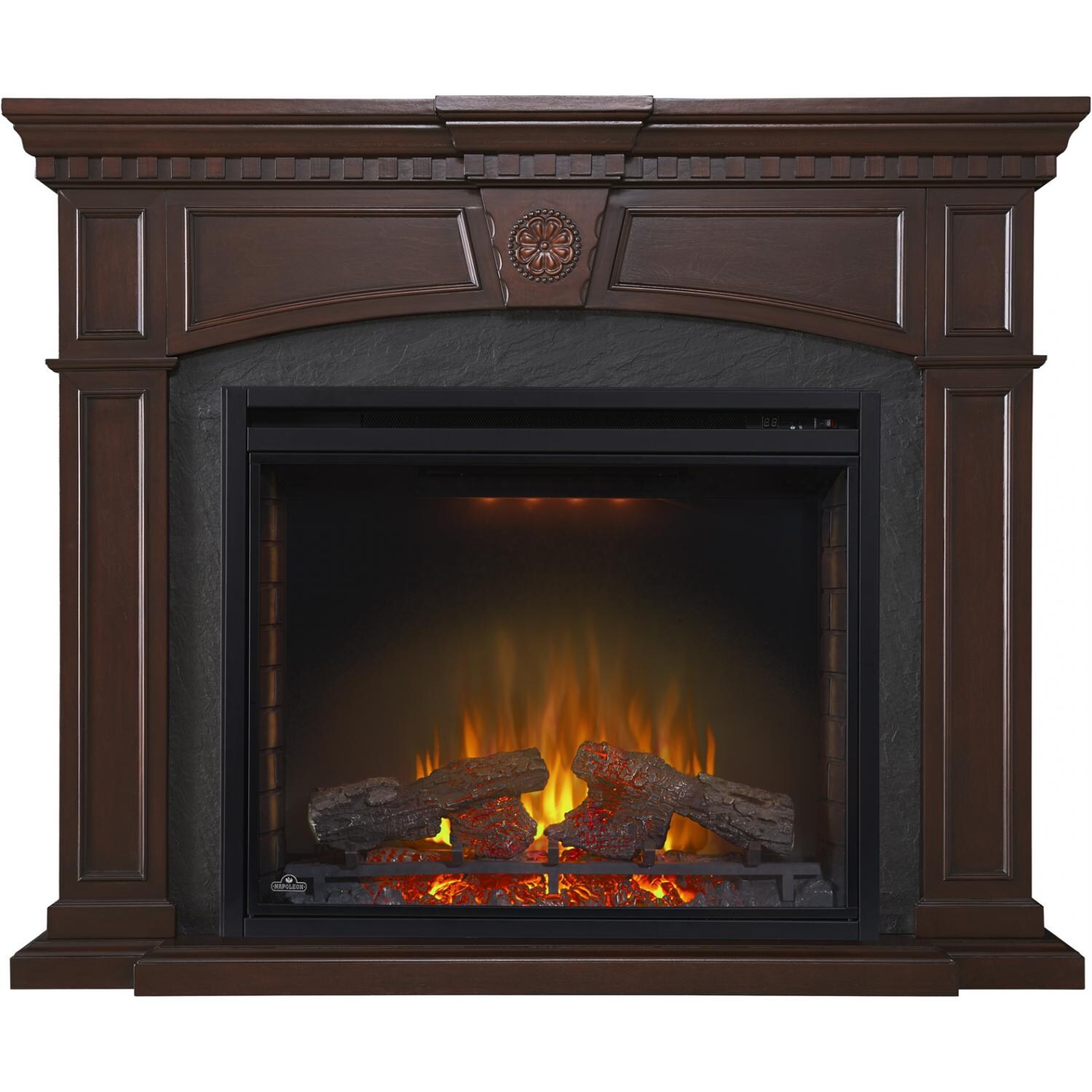 Napoleon Harlow 33-Inch Electric Fireplace - Mahogany - Main View With Orange Night Light thumbnail
