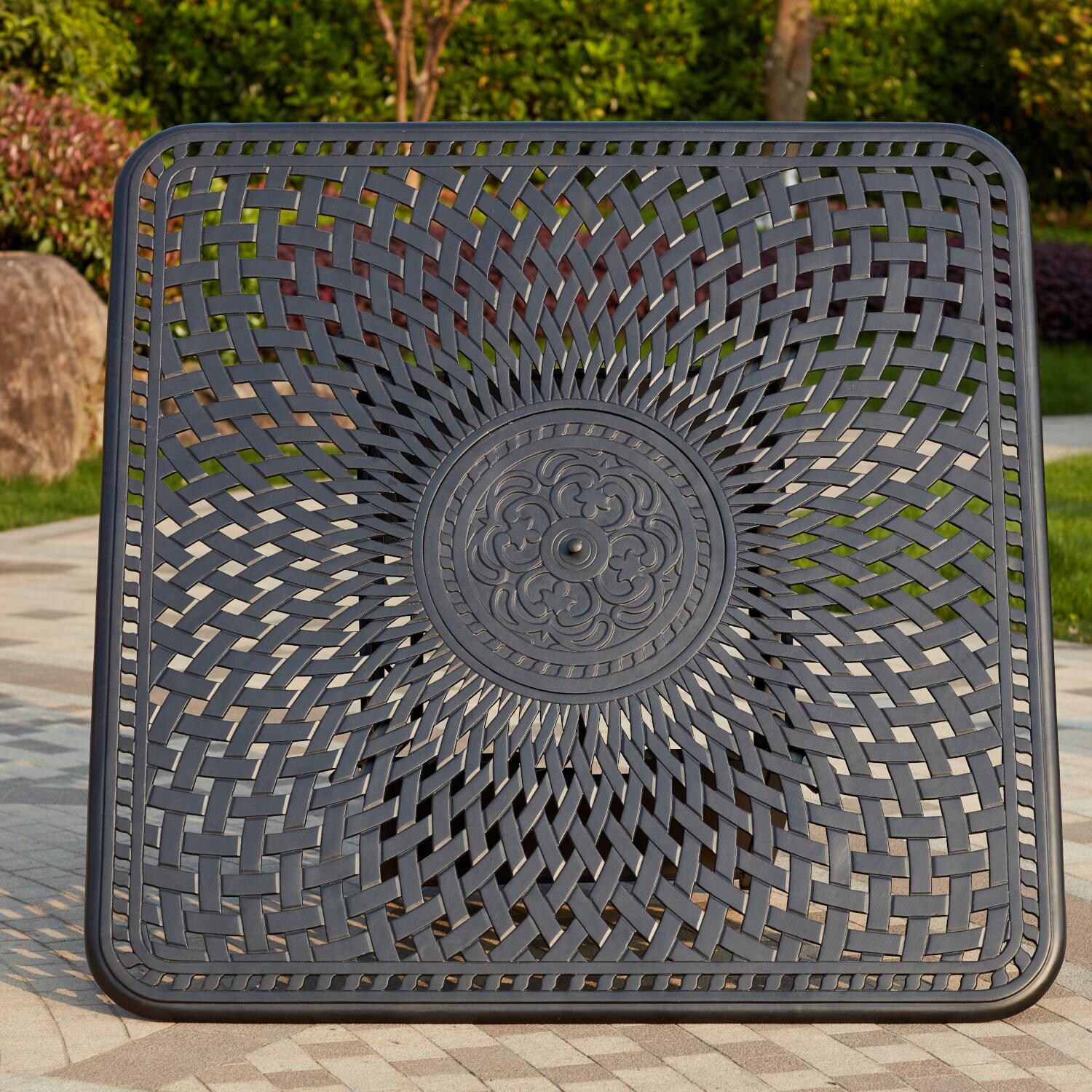 Darlee 201030-9PC-60GW Sedona 9 Piece Cast Aluminum Patio Fire Pit Dining Set W/ 64 Inch Square Table & Beige Canvas Cushions - Fire Pit Table Top thumbnail
