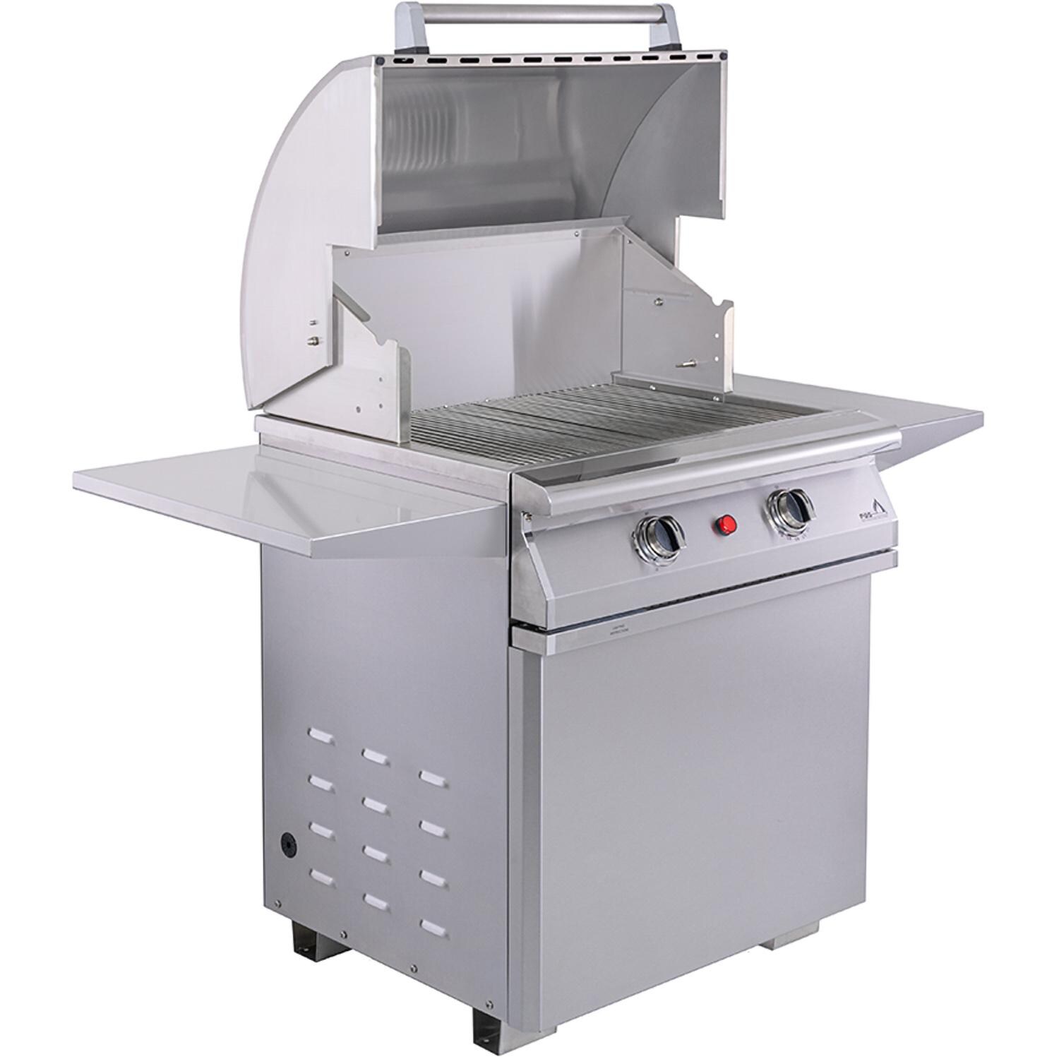PGS E27T Commercial T-Series 30 Inch Electric Grill On Pedestal w/ Timer - Lid Open Left Angle - White Background thumbnail