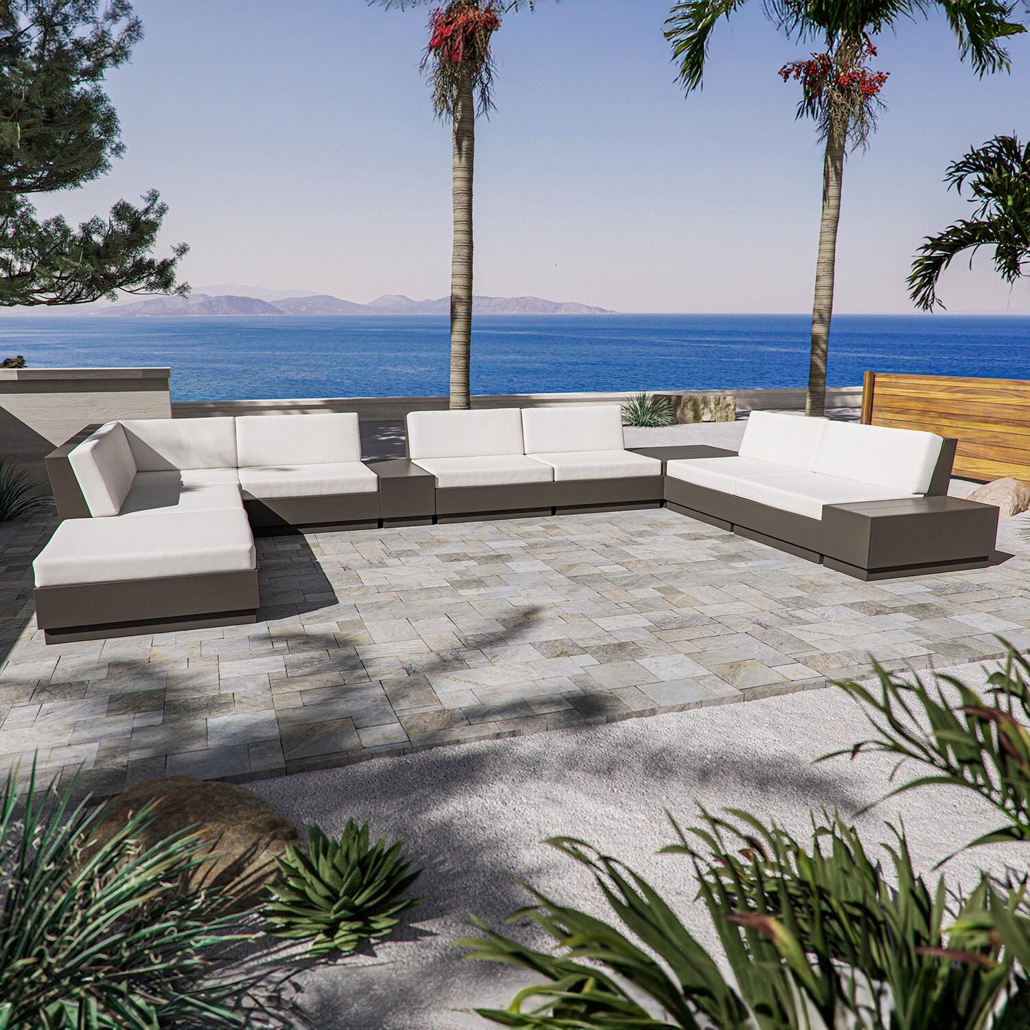 Elevate 11 Pc Recycled Plastic Sectional Seating Set in Vintage White/Weathered Tweed By PW Designer Series - On the Patio (Shown in Vintage Coffee/Dune Burlap) - Lifestyle thumbnail