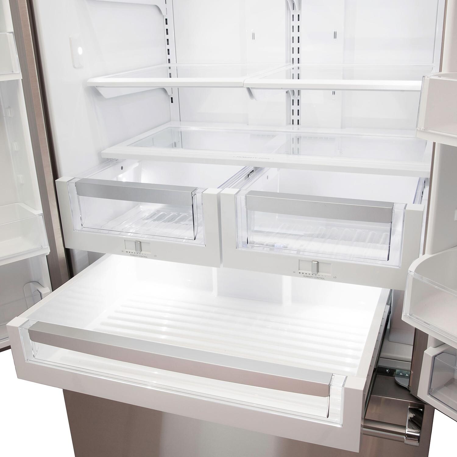 Viking 3 Series 36-Inch 22.1 Cu. Ft. French Door Bottom Freezer Refrigerator - RVRF3361SS - Open Storage Drawers thumbnail