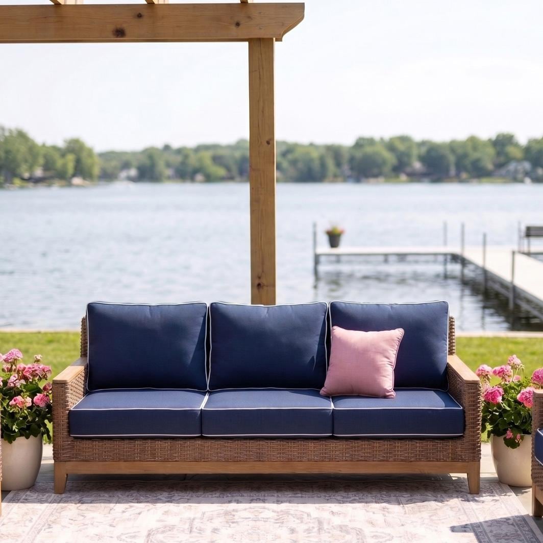 Royal Teak Collection BOCA3S-H-N Boca 3 Person Wicker Sofa / Sunbrella Cushions in Honey/Navy w/ White Piping - On Patio - Lifestyle thumbnail