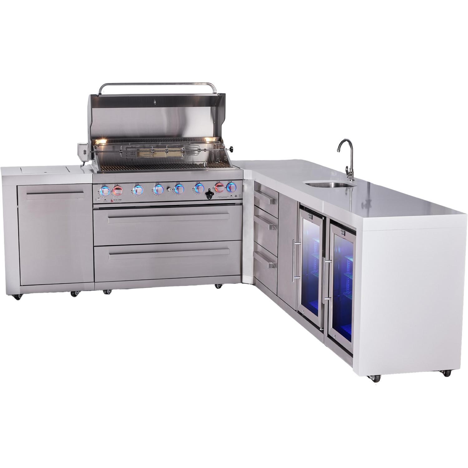 Mont Alpi Deluxe Series 11 Ft L-Shaped Natural Gas Outdoor Kitchen Island w/ 44-in Grill, Side Burner, Beverage Center, Fridge & Triple Drawer (Ships Propane w/ Conversion Kit) - Grill Open - White Background thumbnail