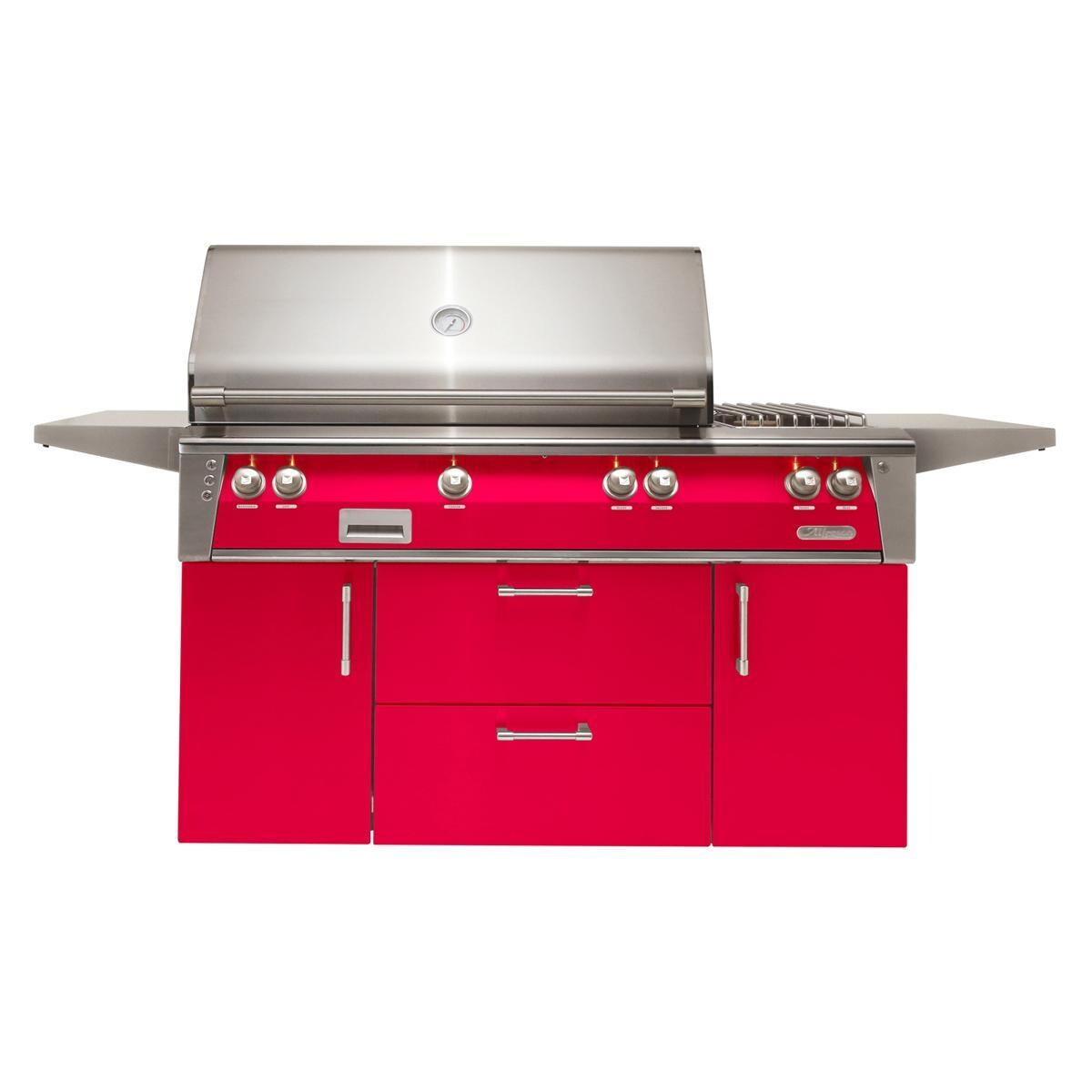 Alfresco ALXE 56-Inch Freestanding Propane Deluxe Grill With Sear Zone, Rotisserie, And Side Burner in Raspberry Red - ALXE-56SZC-LP-S3027