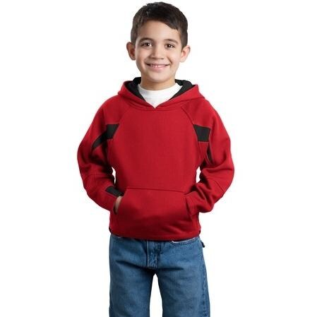 Sport-Tek Youth Color-Spliced Hooded Pullover Sweatshirt XL - Red/Black