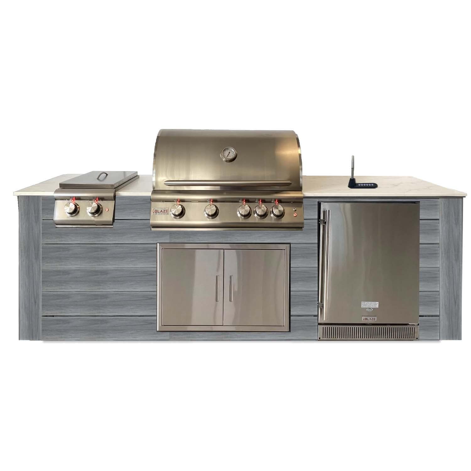 Pro-Fit 8-Foot Outdoor Kitchen Island W/ Blaze LTE 32-Inch Natural Gas Grill, Double Side Burner, Refrigerator & Beverage Dispenser - Driftwood Grey / Bianco Giulia A Satin