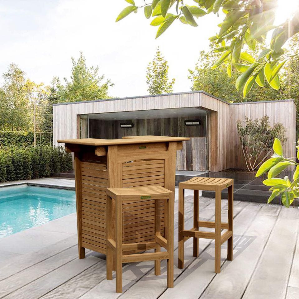 Pecan Bay 4 Pc Teak Bar Set by Lakeview Outdoor Designs - Front Angled View - Lifestyle