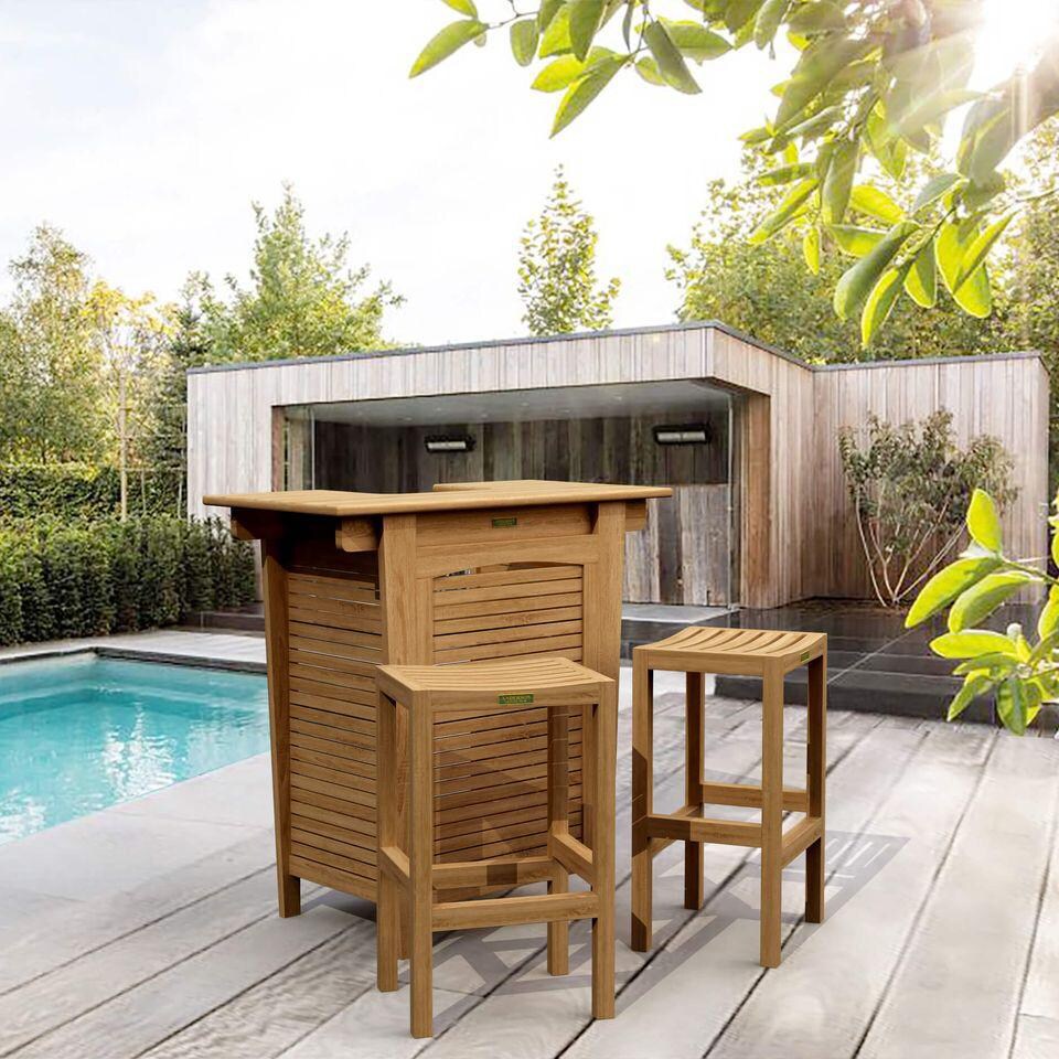 Pecan Bay 4 Pc Teak Bar Set by Lakeview Outdoor Designs - Front Angled View - Lifestyle