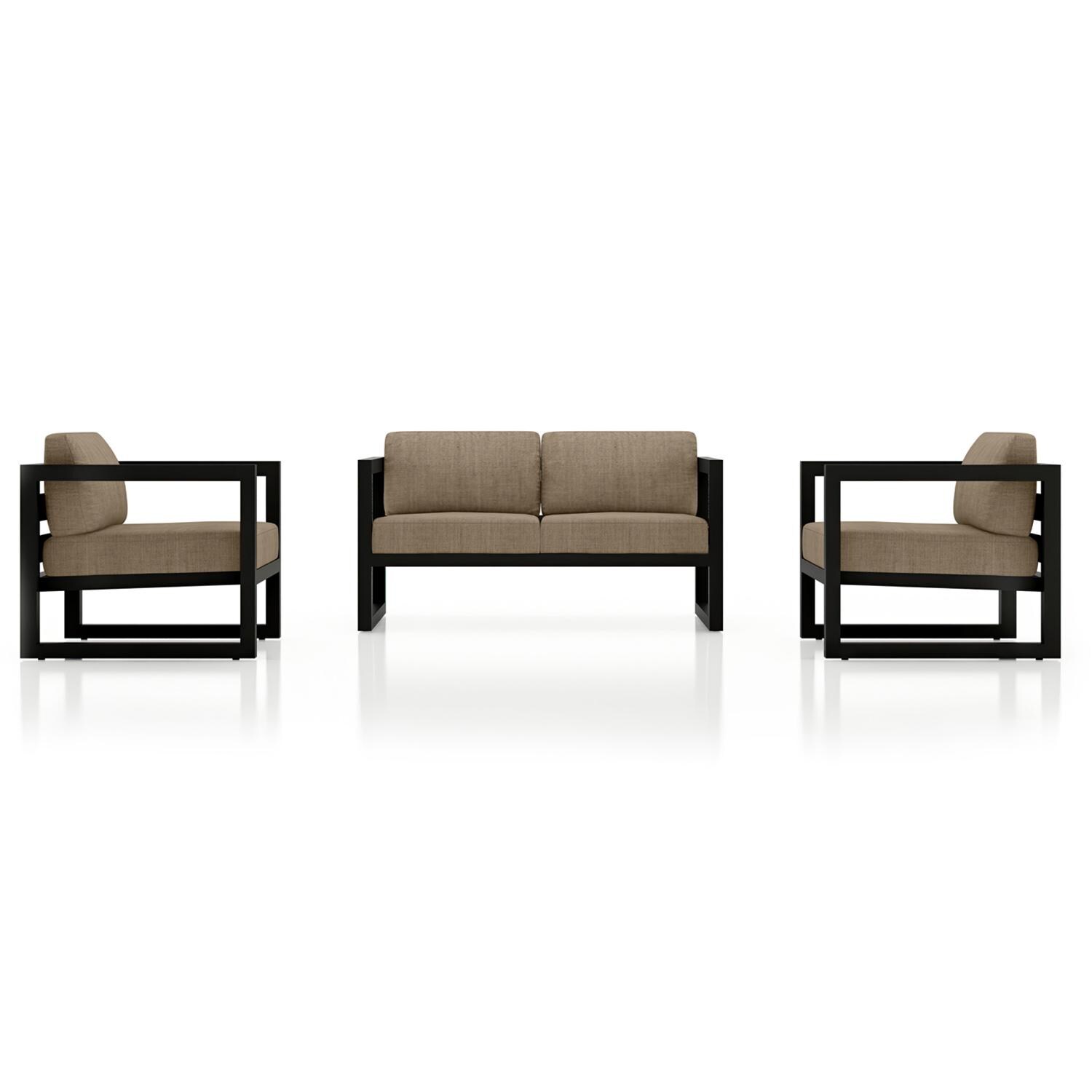 Lakeview MSTYCV-BK-3LSS-HB Misty Cove 3 Pc Aluminum Seating Set in Black w/Loveseat & Heather Beige Cushions by Lakeview Outdoor Designs - Set Front View - White Background thumbnail